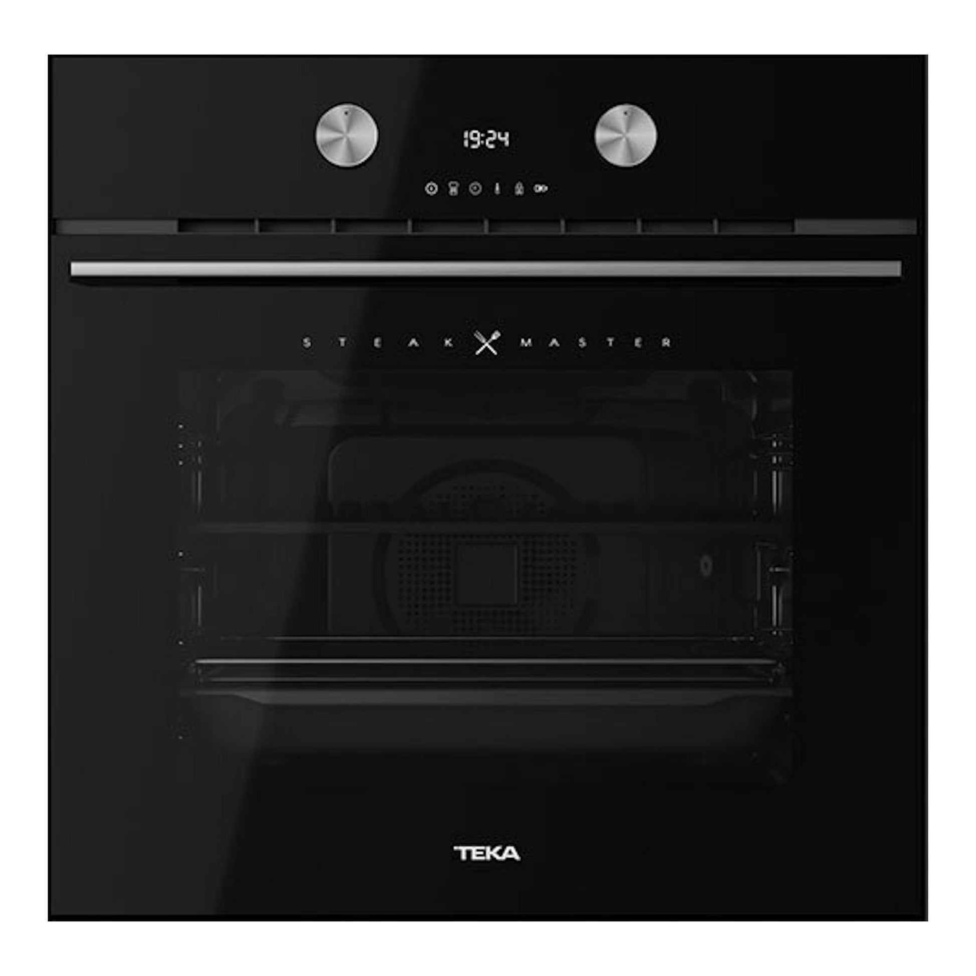 Horno empotrado Teka SteakMaster Lite, frontal, cristal negro con panel digital y dos mandos plateados.