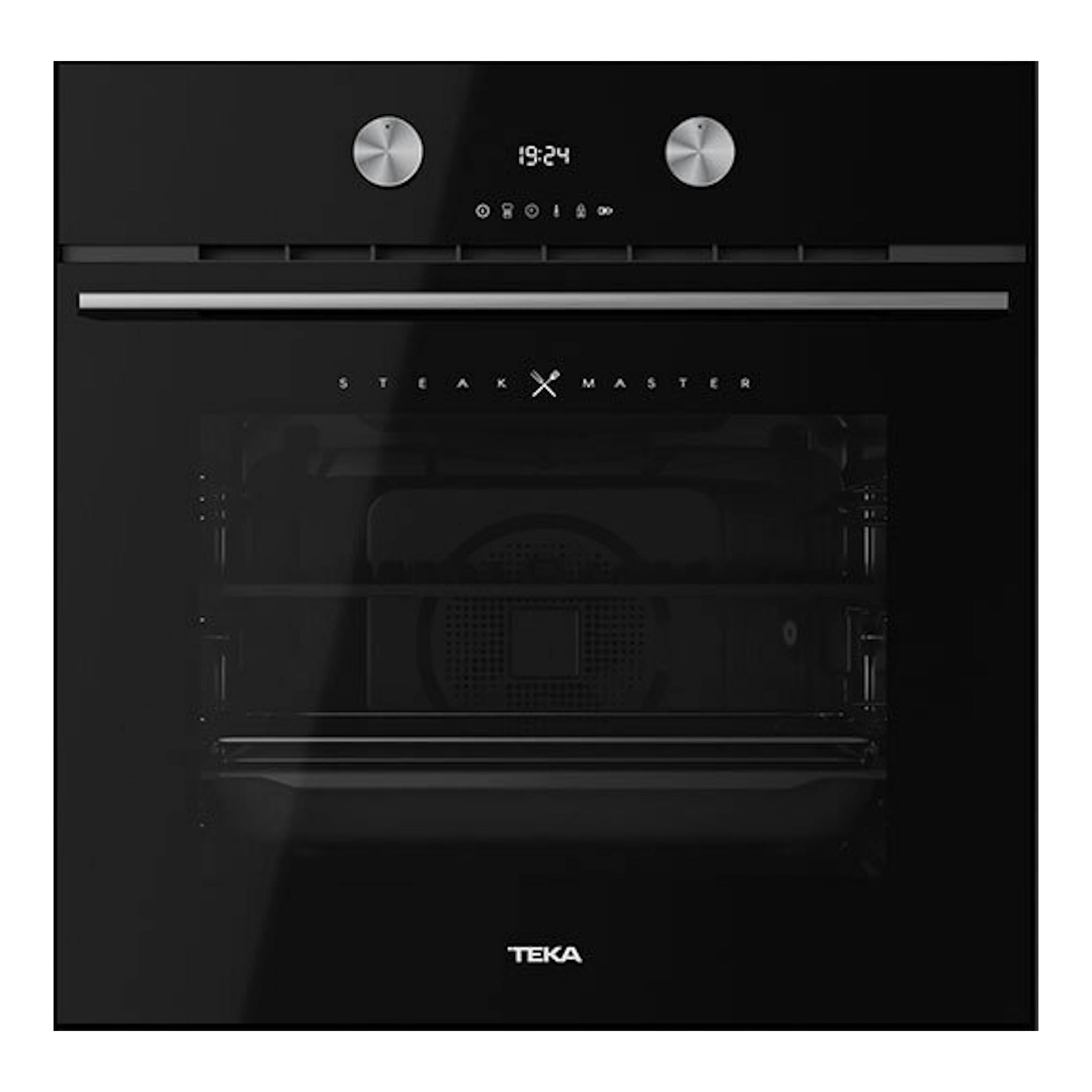 Horno empotrado Teka SteakMaster Lite, frontal, cristal negro con panel digital y dos mandos plateados.