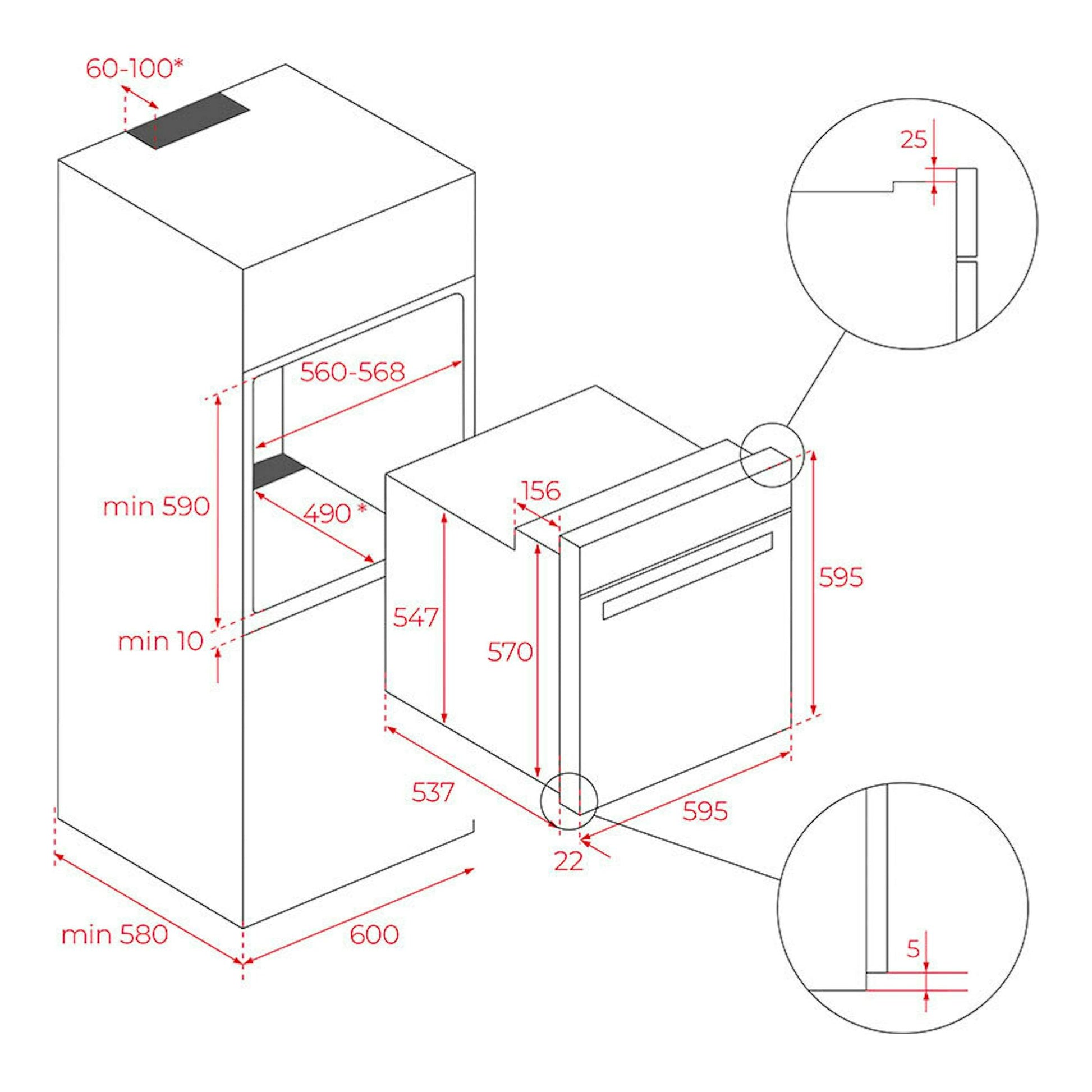Esquema de instalación del horno Teka STEAKMASTER Lite, vista isométrica en blanco y negro con medidas.