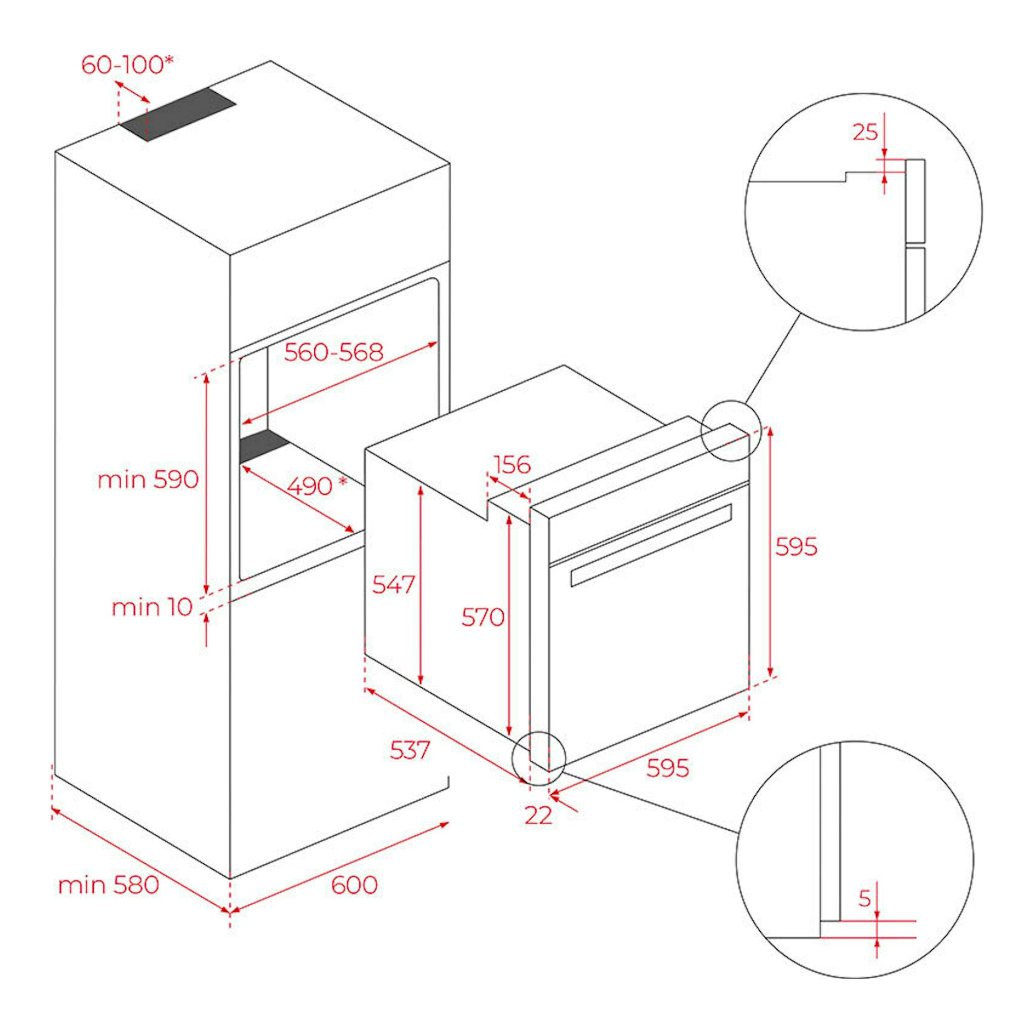 Esquema de instalación del horno Teka STEAKMASTER Lite, vista isométrica en blanco y negro con medidas.