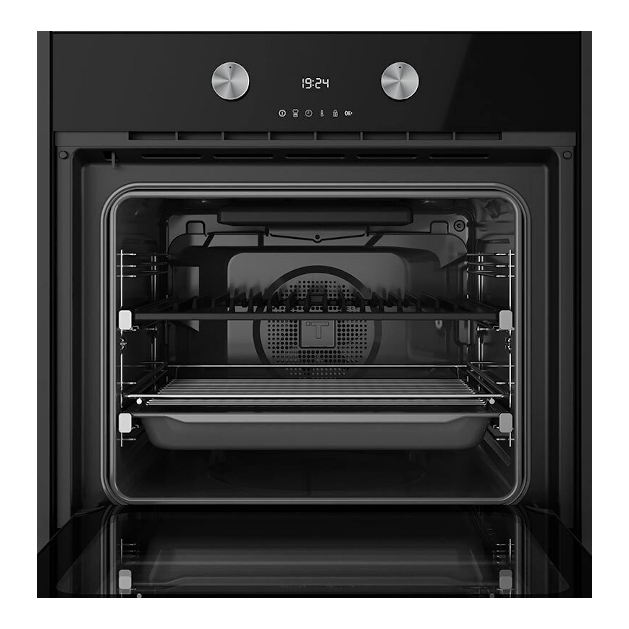 Horno Teka STEAKMASTER Lite de cristal negro, vista frontal abierta con interior y bandeja.