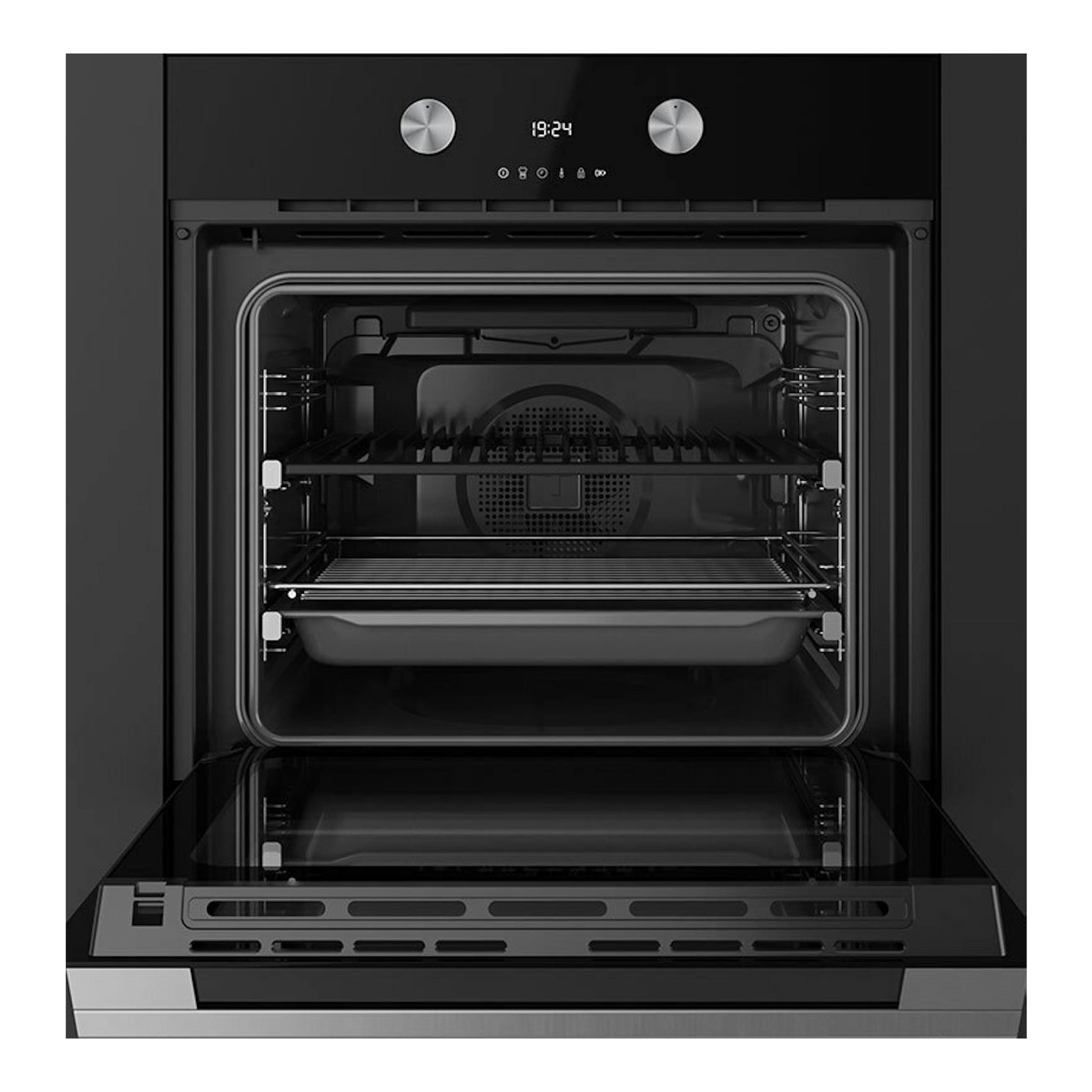 Horno Teka STEAKMASTER Lite de cristal negro, vista frontal con la puerta abatida e interior visible.