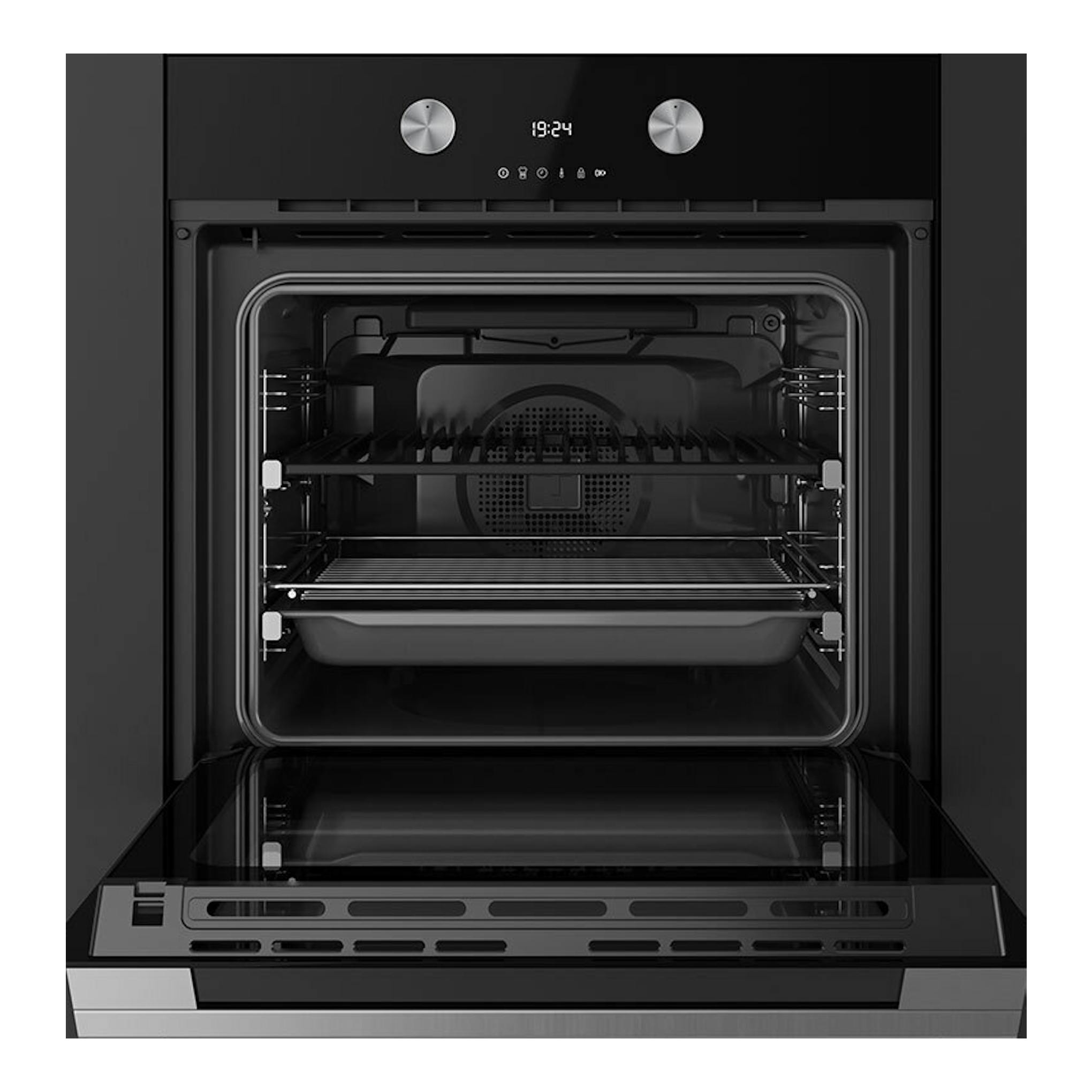 Horno Teka STEAKMASTER Lite de cristal negro, vista frontal con la puerta abatida e interior visible.
