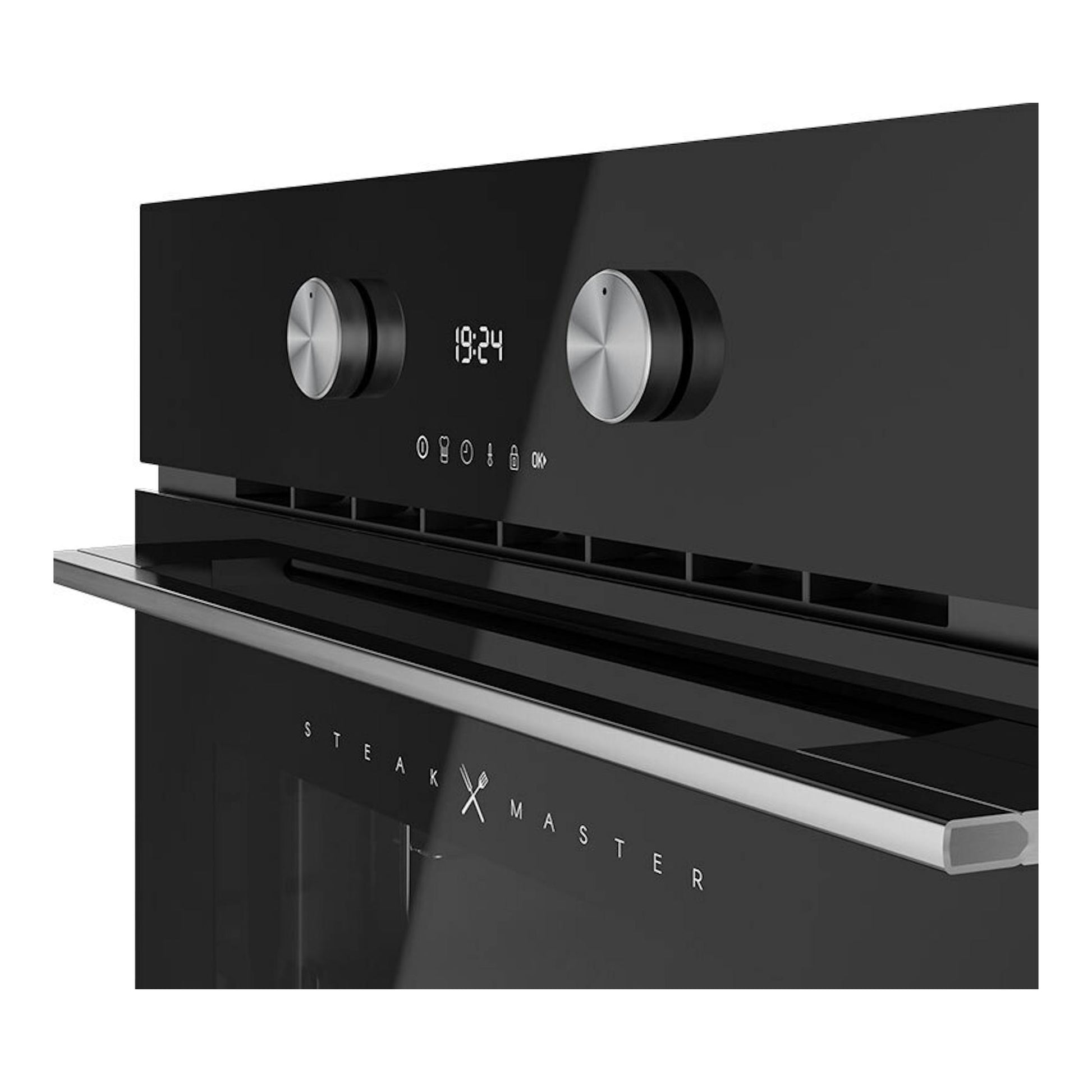 Horno Teka STEAKMASTER Lite de cristal negro, vista frontal con dos mandos metálicos y display digital.