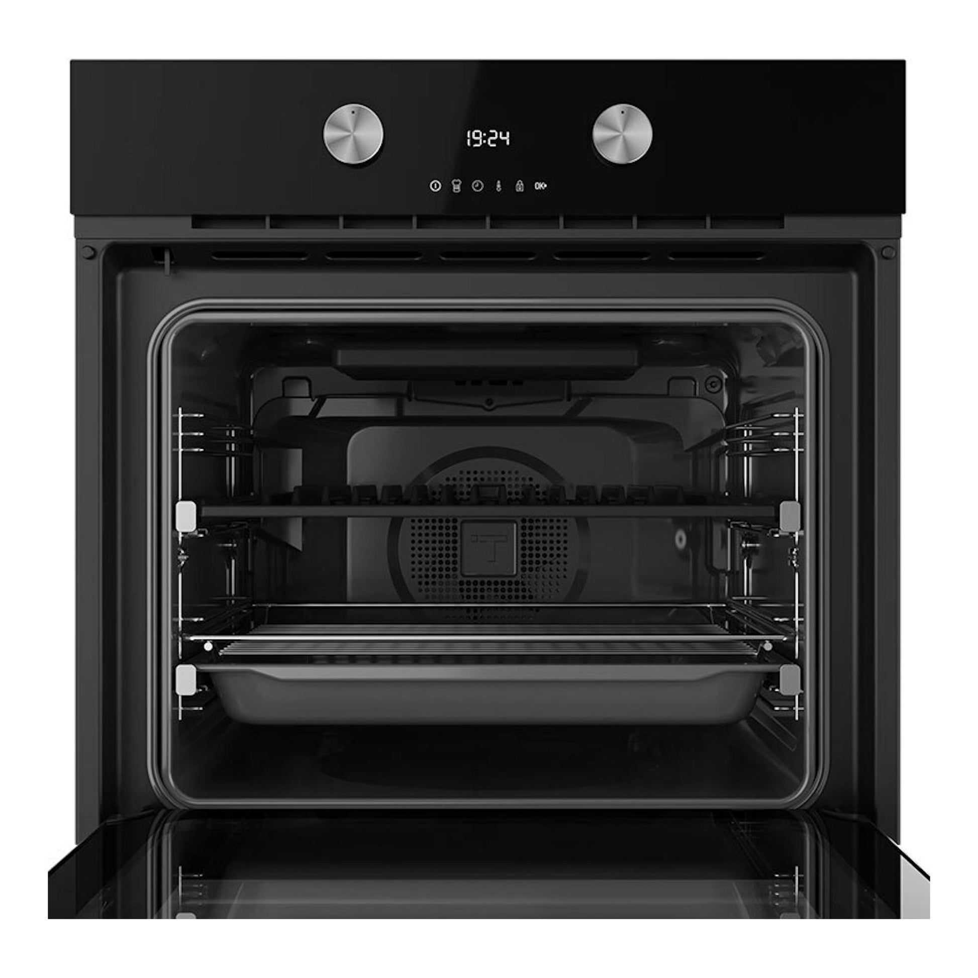 Horno Teka STEAKMASTER Lite de cristal negro, vista frontal con puerta abierta y mandos digitales.