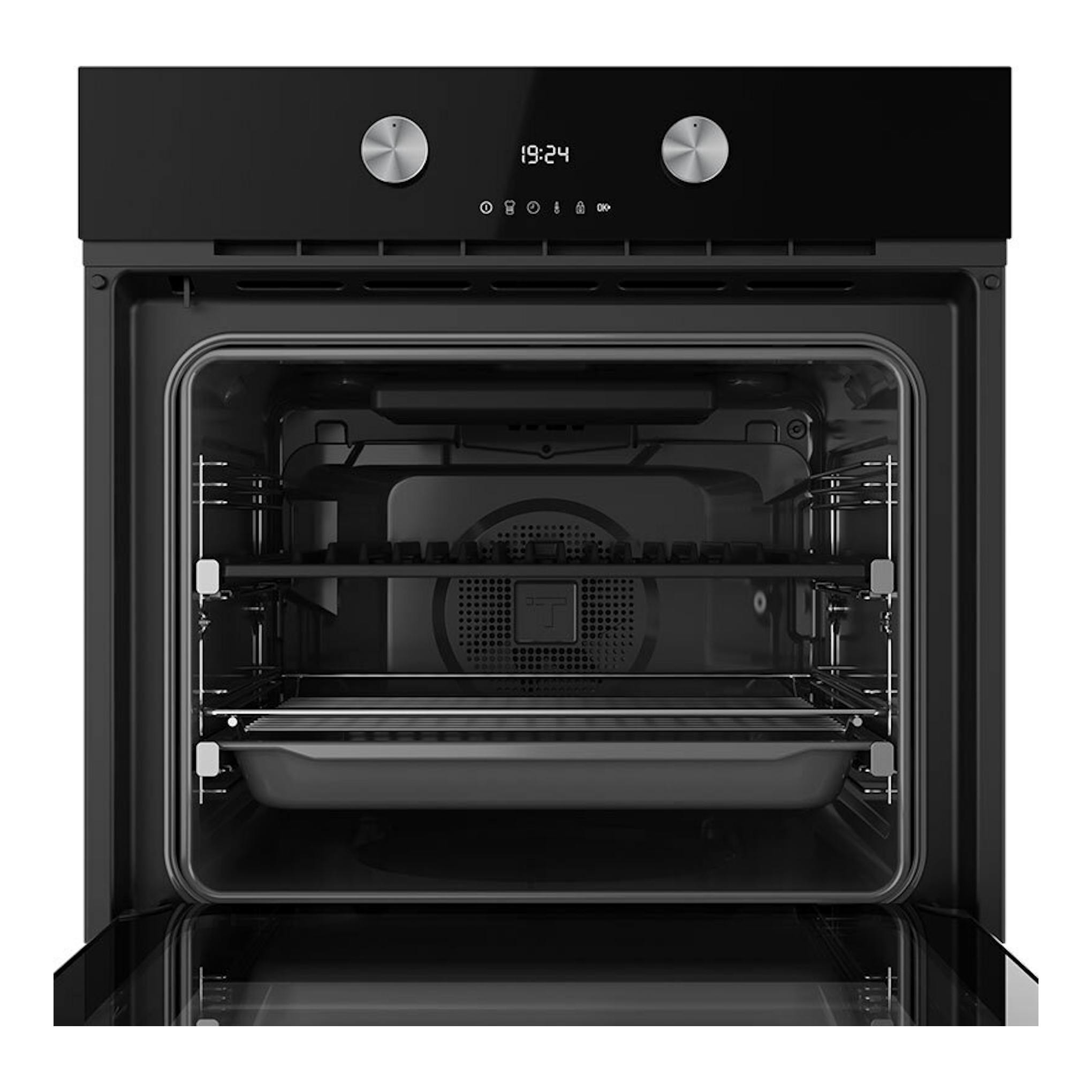 Horno Teka STEAKMASTER Lite de cristal negro, vista frontal con puerta abierta y mandos digitales.