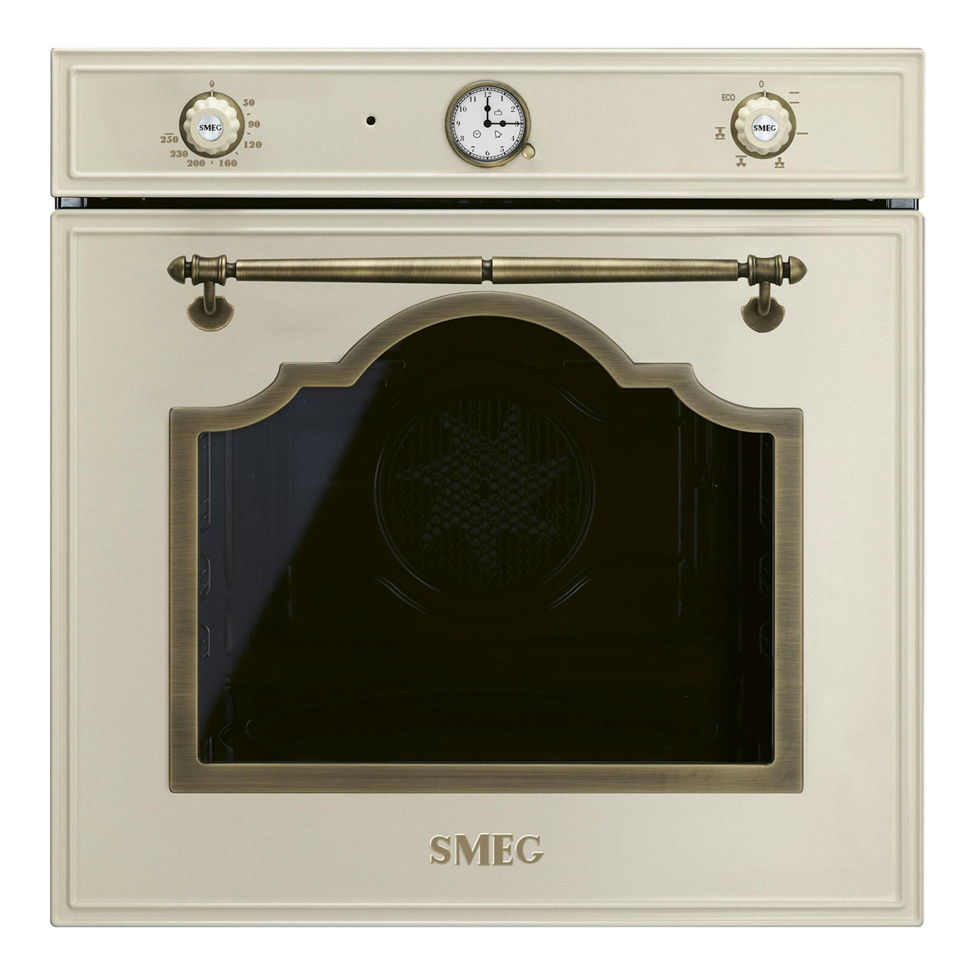 Horno Smeg SF67C1PO color crema, vista frontal, con puerta de cristal, reloj analógico y dos mandos.