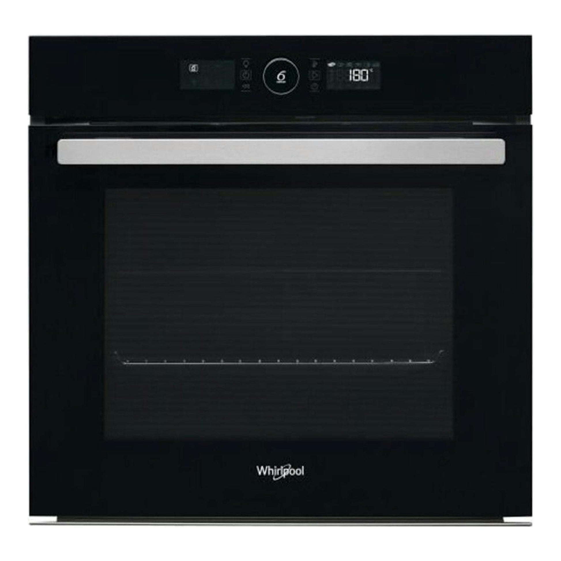 Horno Whirlpool AKZ96290NB negro, vista frontal, con panel digital y puerta de vidrio.