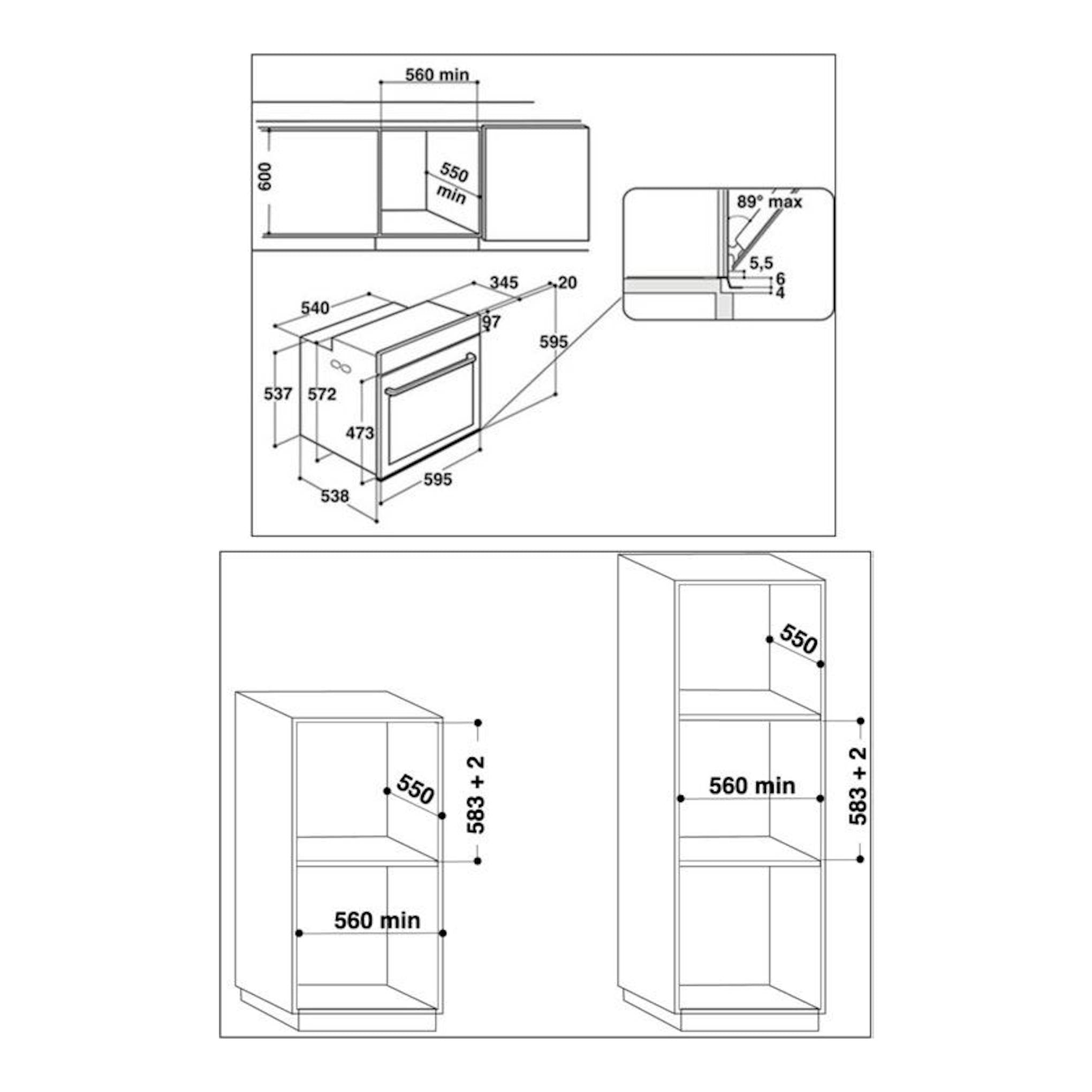 Diagrama técnico del horno Whirlpool AKZ96290NB negro, con vistas frontal y lateral y medidas de instalación.