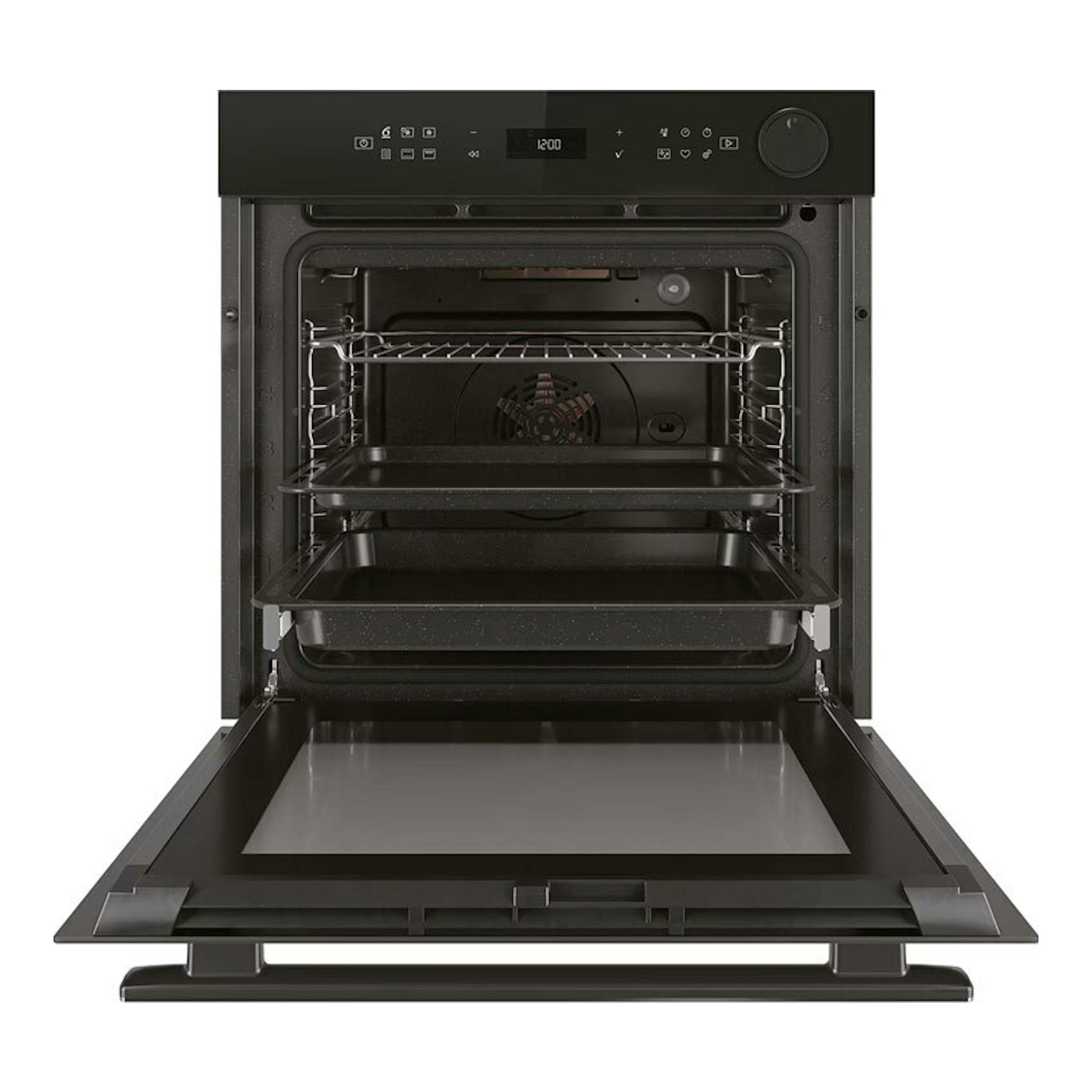 Horno Whirlpool AKZ9S 8270 NB negro, vista frontal con puerta abatible abierta e interior visible.