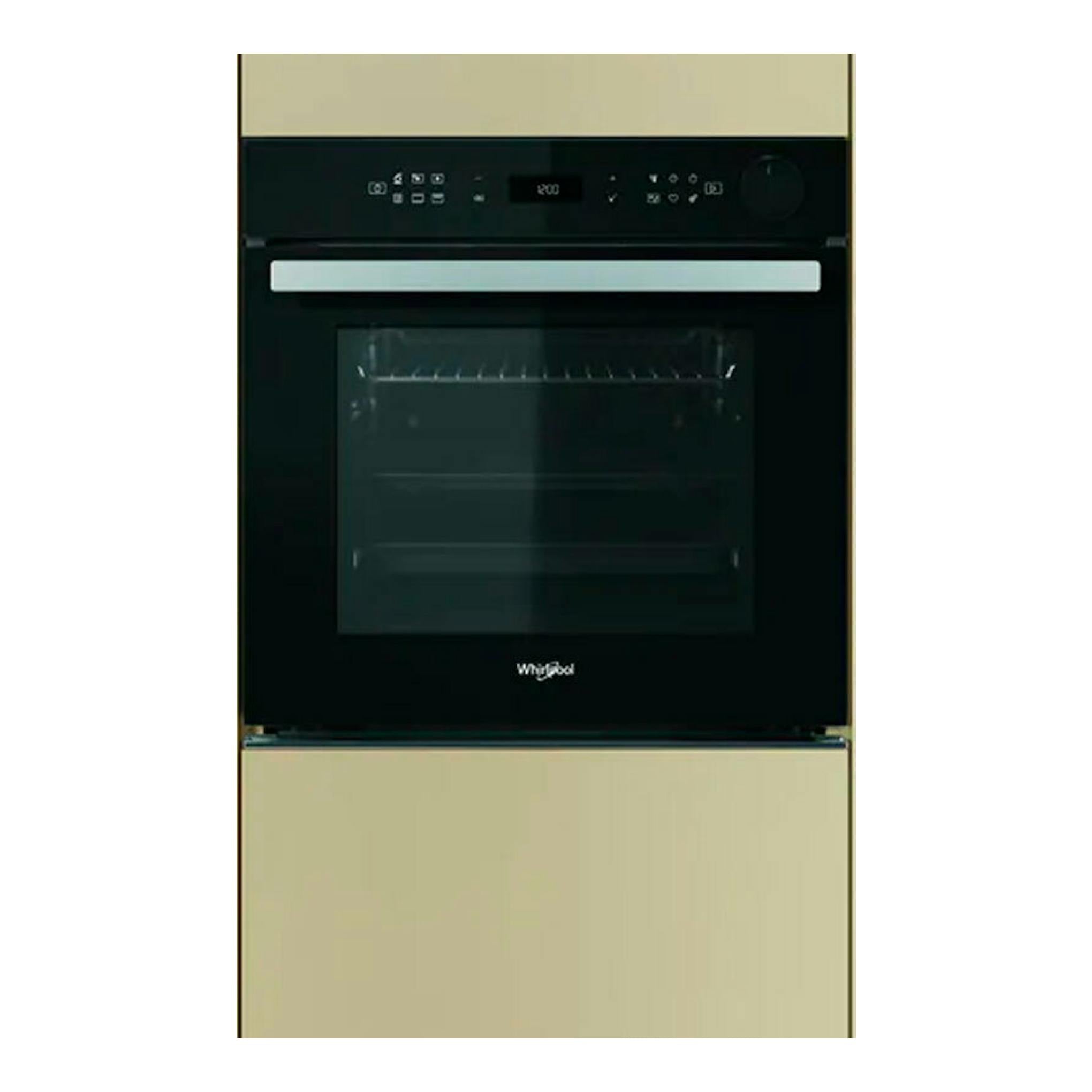 Horno empotrado Whirlpool negro, vista frontal, con panel digital y puerta de vidrio en mueble beige.