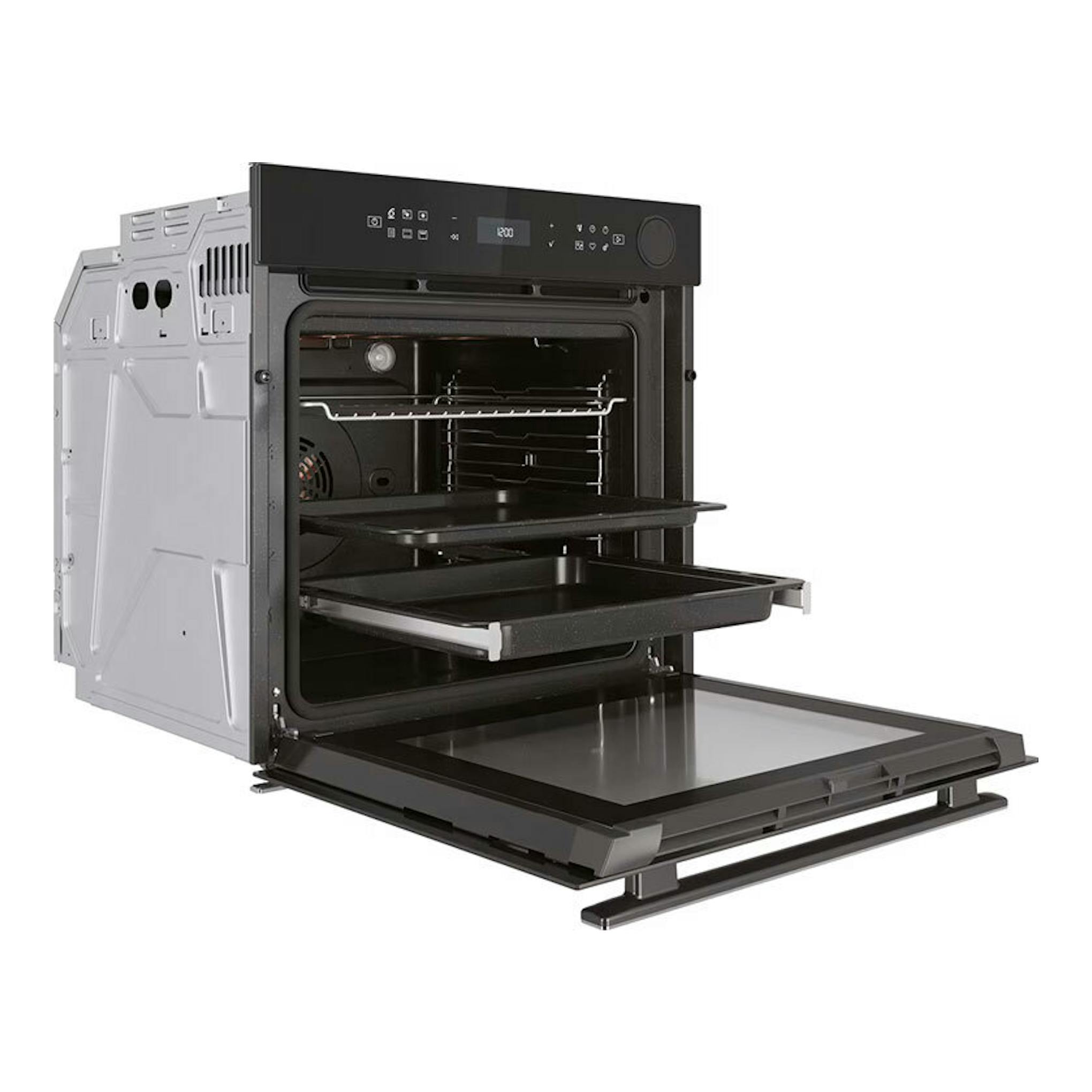 Horno Whirlpool AKZ9S 8270 NB negro, vista frontal con la puerta abatible abierta.
