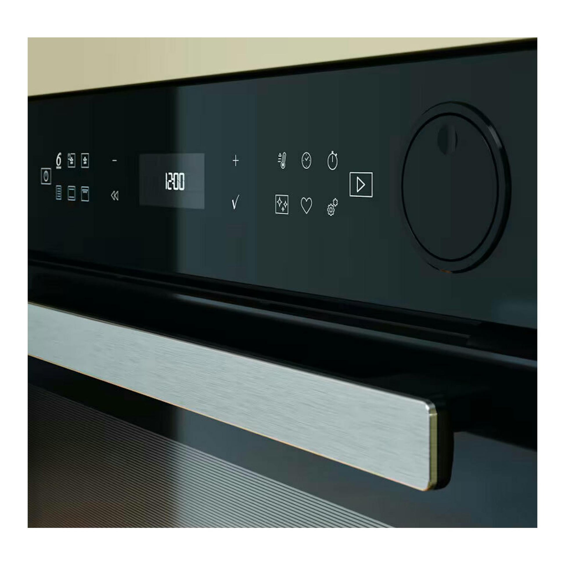 Horno Whirlpool AKZ9S 8270 NB negro, vista frontal parcial del panel digital y la puerta con tirador metálico.