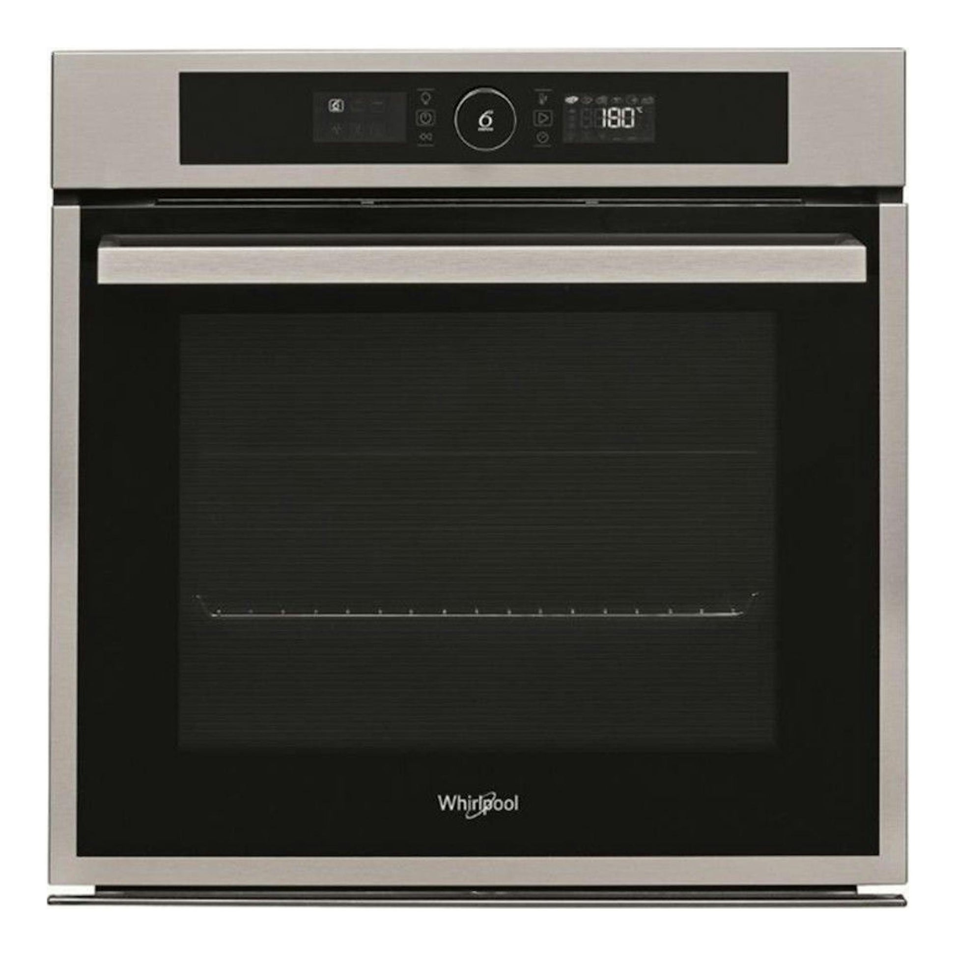 Horno Whirlpool OAKZ97961 SP IX en inox, vista frontal, puerta negra y panel digital.