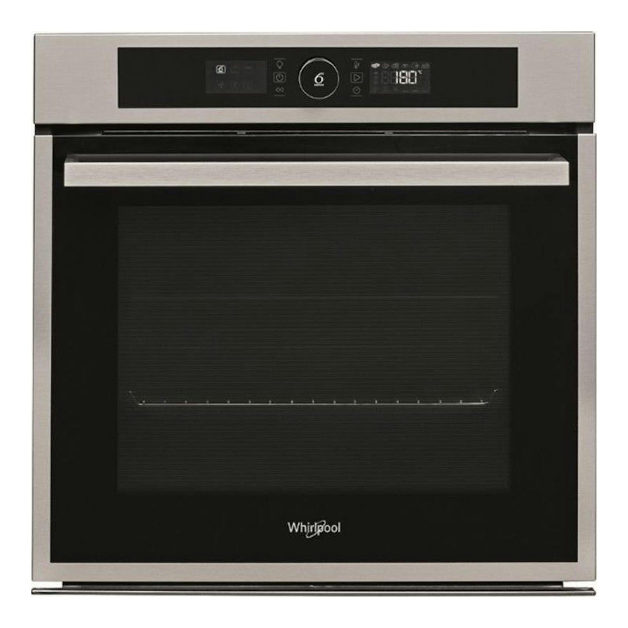 Horno Whirlpool OAKZ97961 SP IX en inox, vista frontal, puerta negra y panel digital.