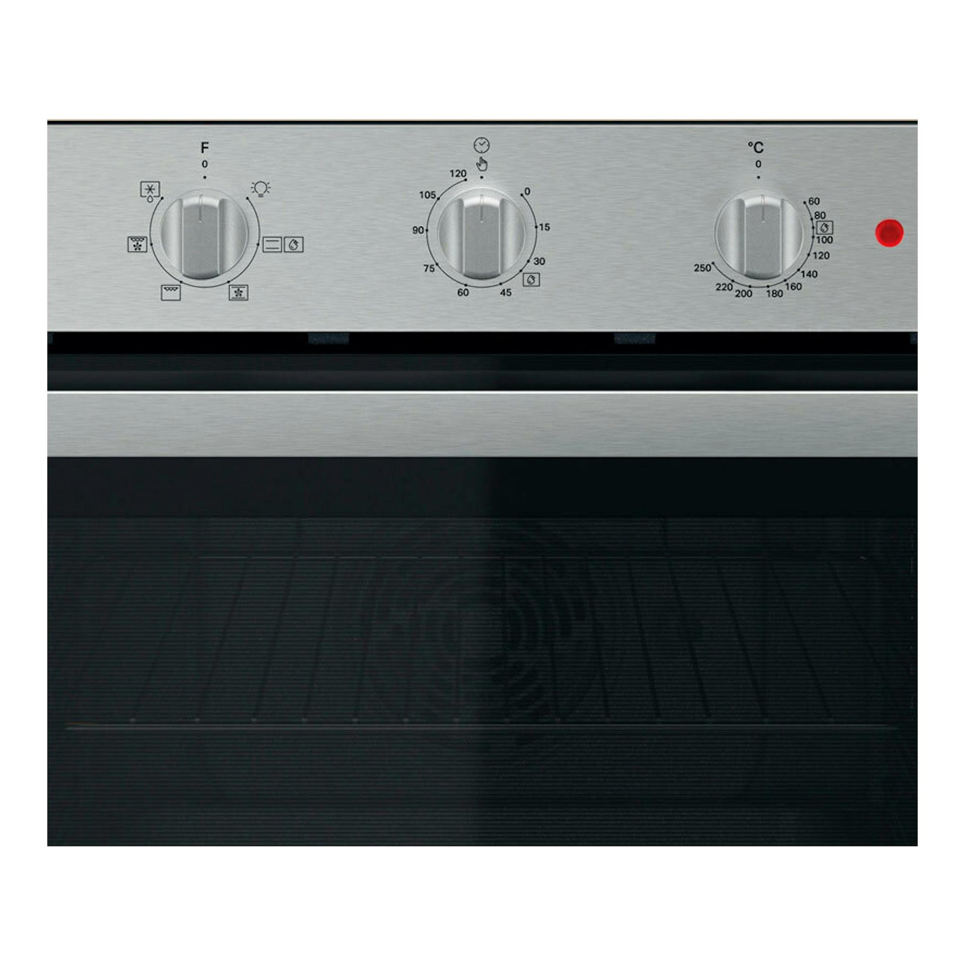 Vista frontal de horno Whirlpool OMR35HR0X en acero inoxidable, con tres mandos y puerta de cristal oscura.