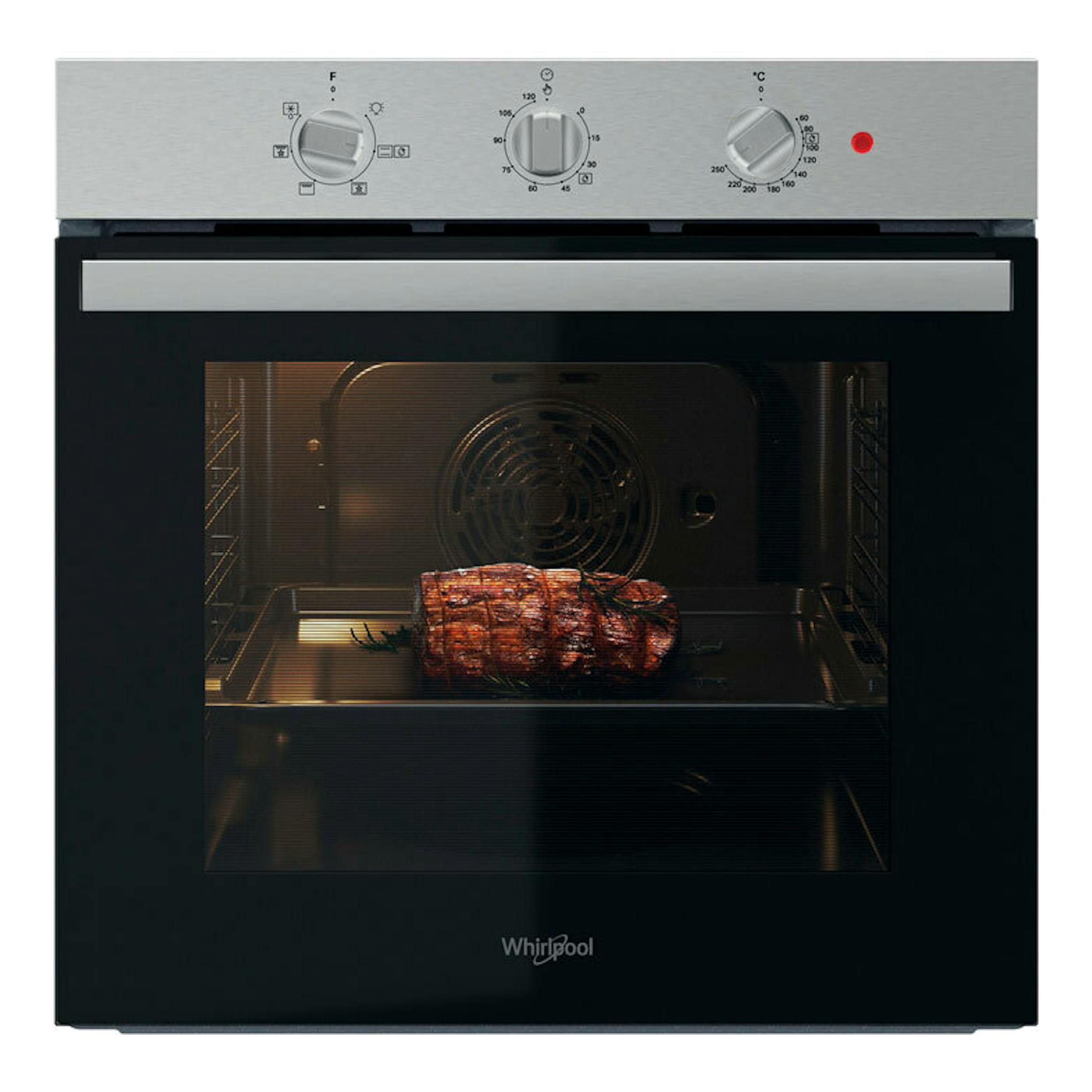 Horno Whirlpool OMR35HR0X inox, vista frontal, puerta de vidrio negro, tres mandos y asado visible.