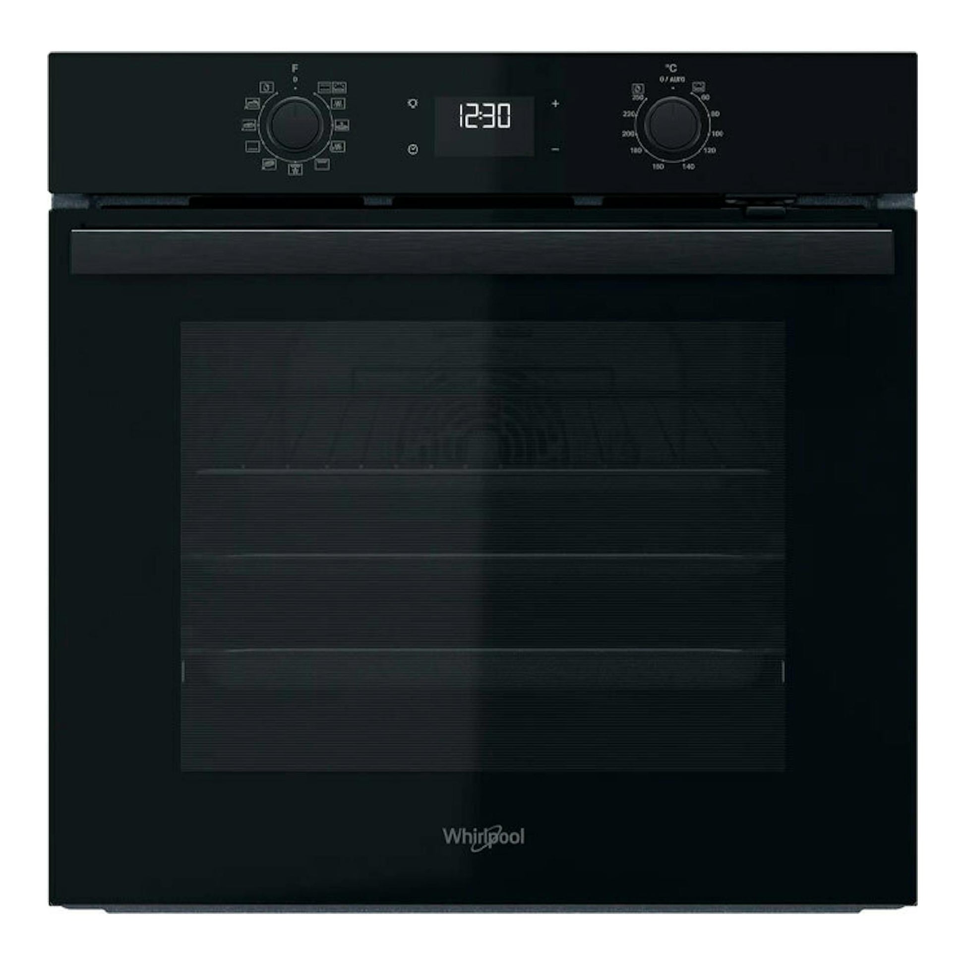 Horno Whirlpool OMR58HU1B de cristal negro, vista frontal con panel digital y dos mandos.