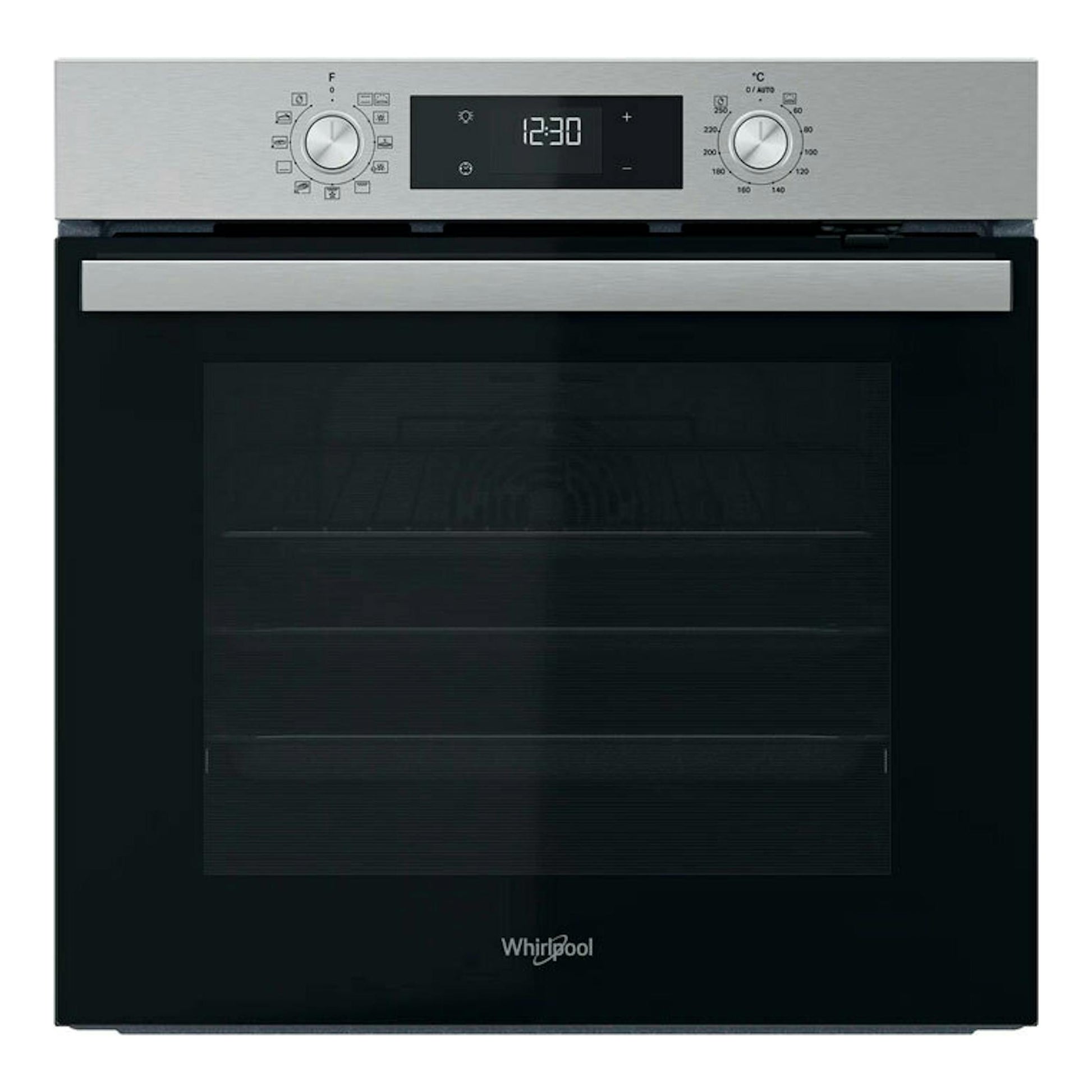 Horno Whirlpool OMR58HU1X inox, vista frontal, puerta negra y panel superior en acero inoxidable.