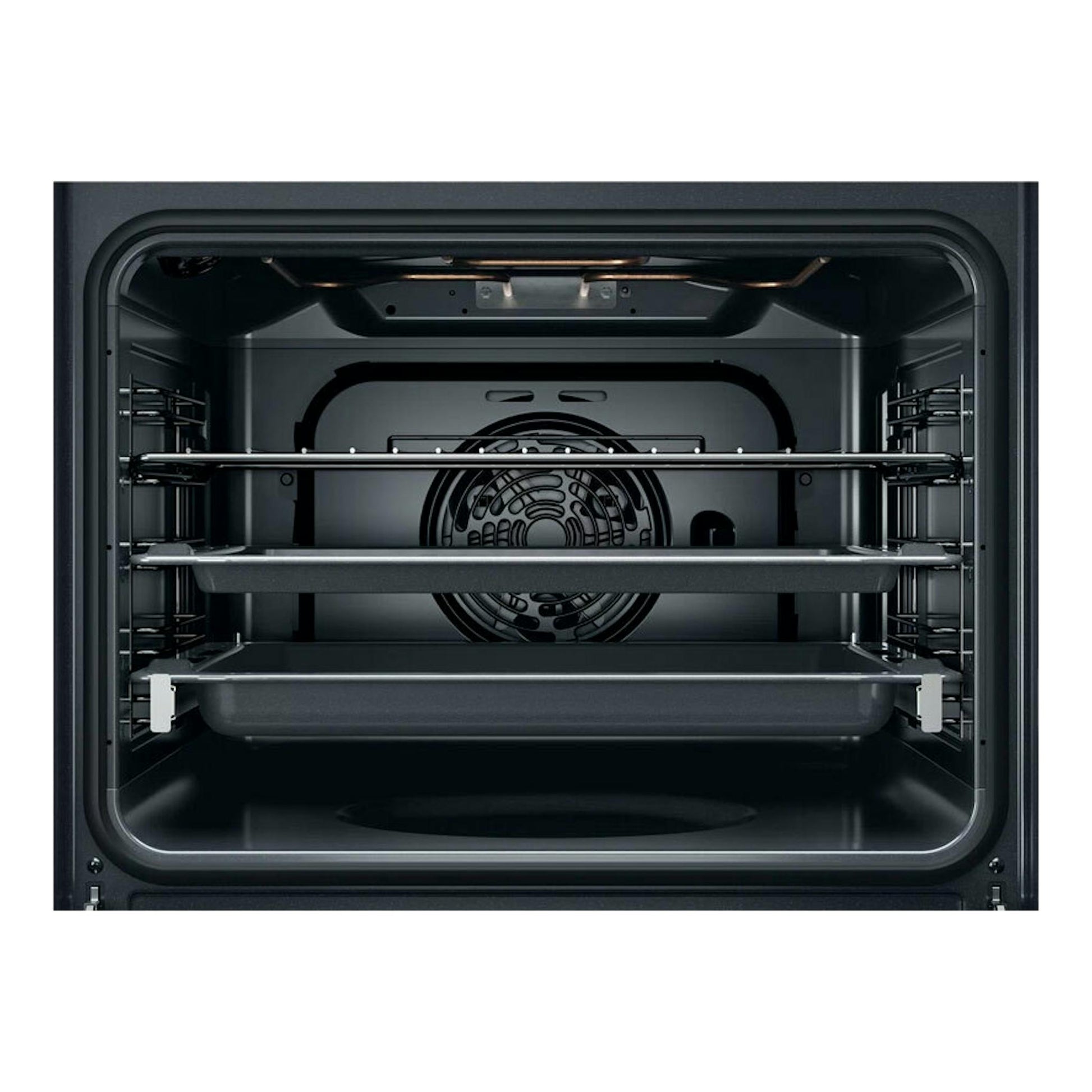 Interior de horno Whirlpool OMR58HU1X inox, vista frontal con ventilador central y tres bandejas.