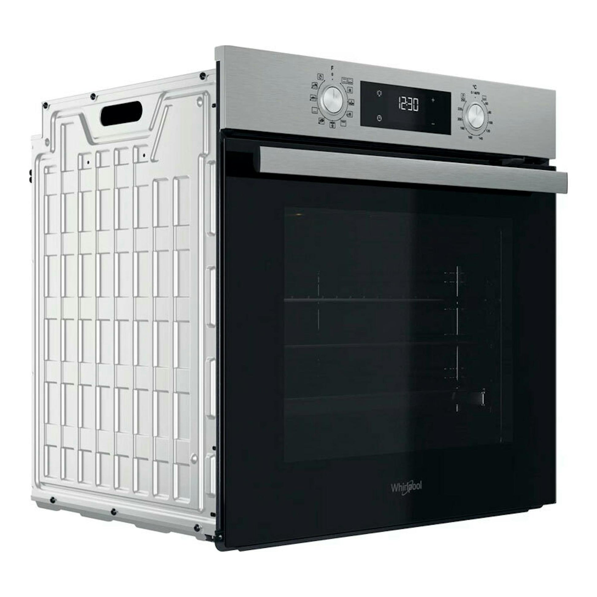 Horno Whirlpool OMR58HU1X de acero inoxidable, vista frontal en ángulo, con panel digital y puerta de vidrio negro.
