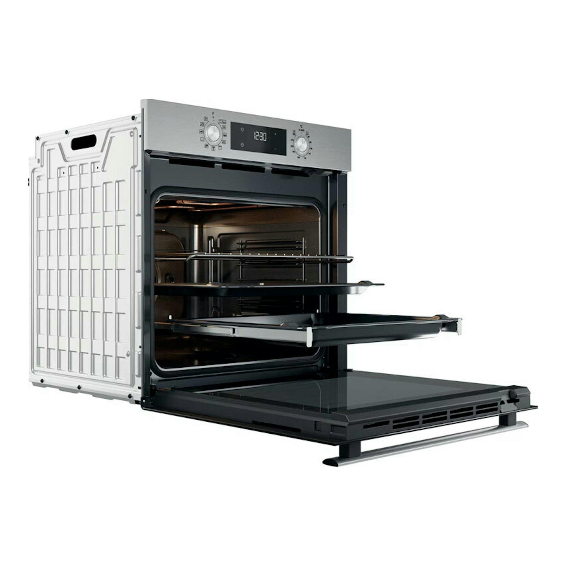 Horno Whirlpool OMR58HU1X inox, vista frontal en ángulo, con puerta abatible abierta e interior visible.