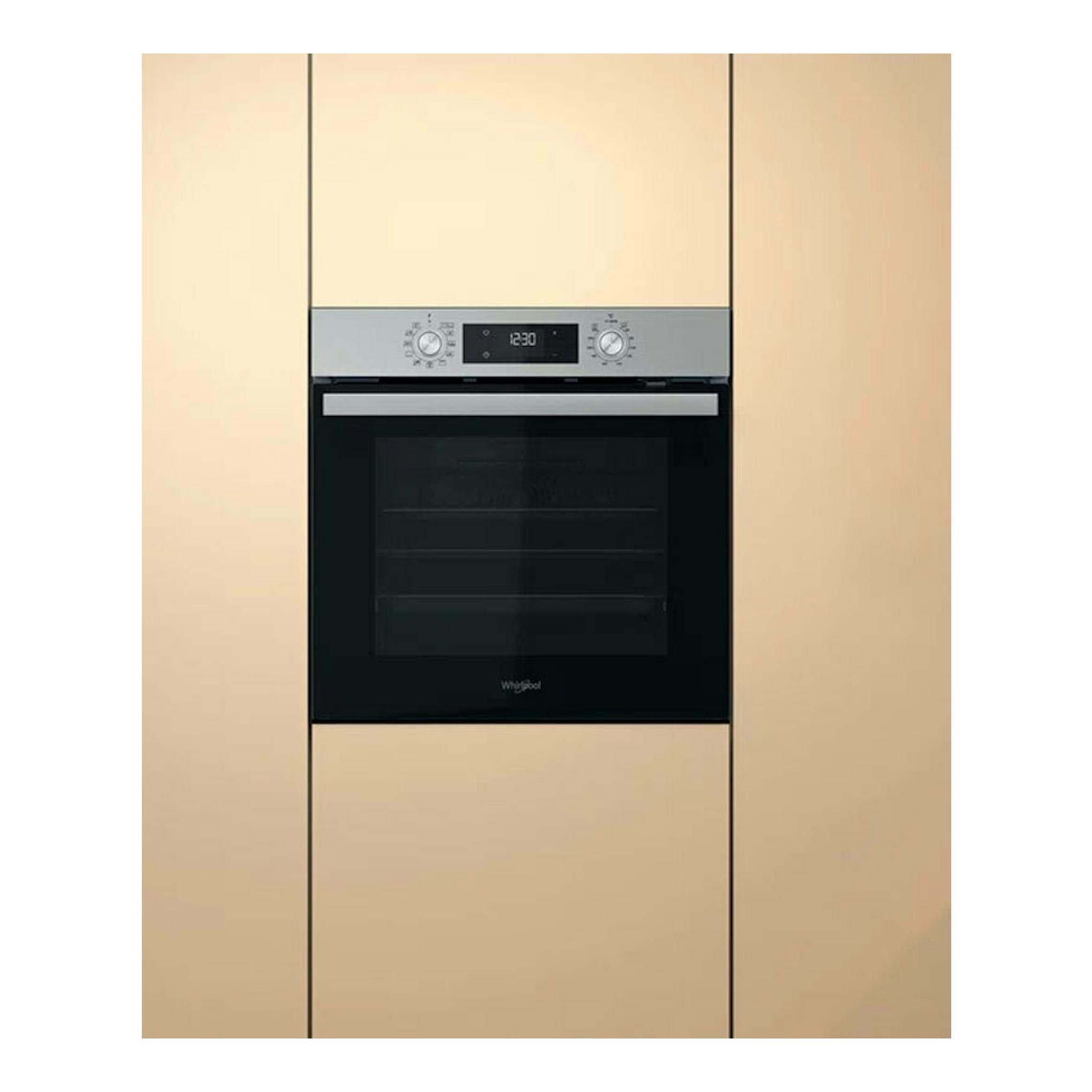 Horno empotrado Whirlpool OMR58HU1X inox, vista frontal, puerta negra y panel plateado con mandos.