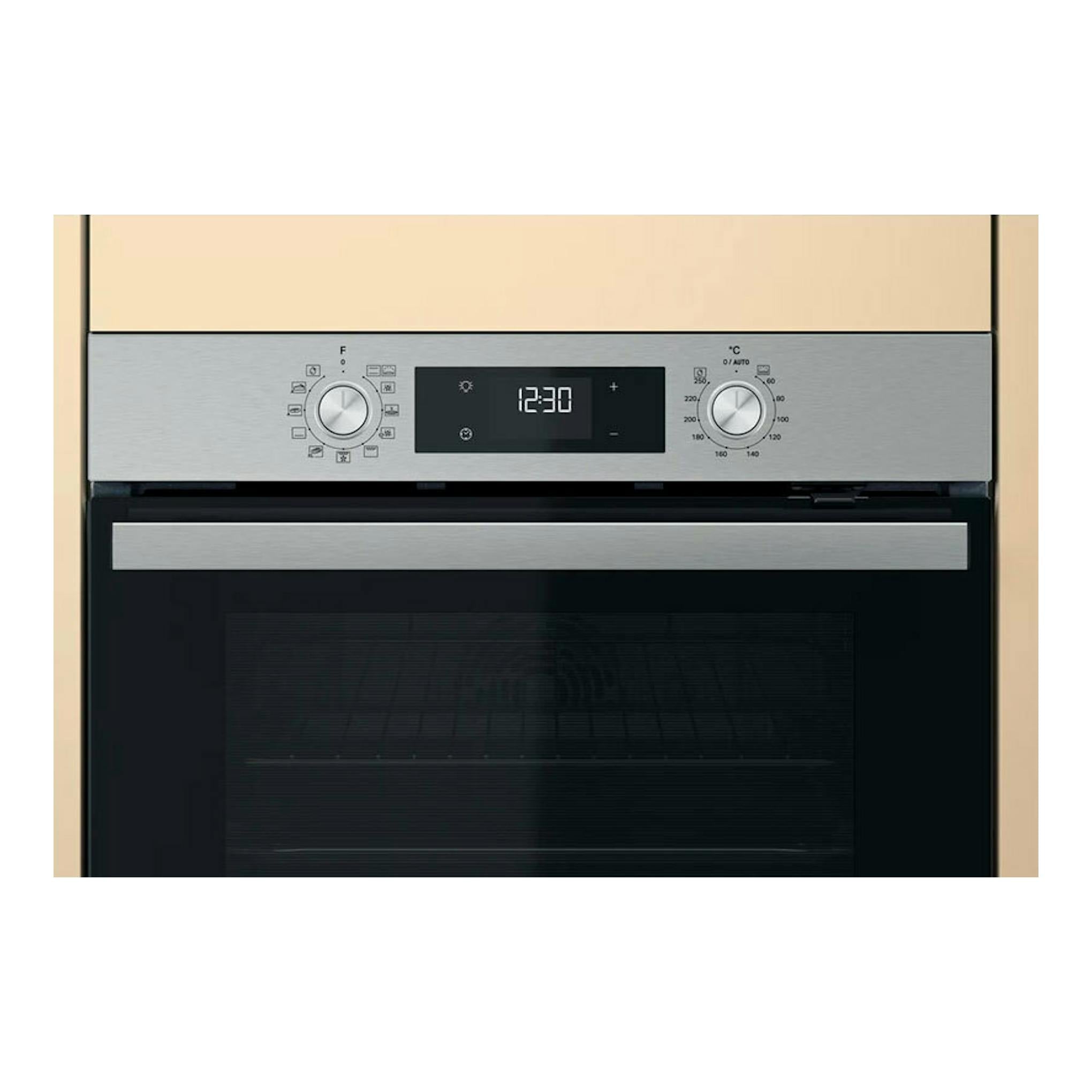 Horno Whirlpool OMR58HU1X inox, vista frontal, panel de acero inoxidable, puerta negra y reloj digital.