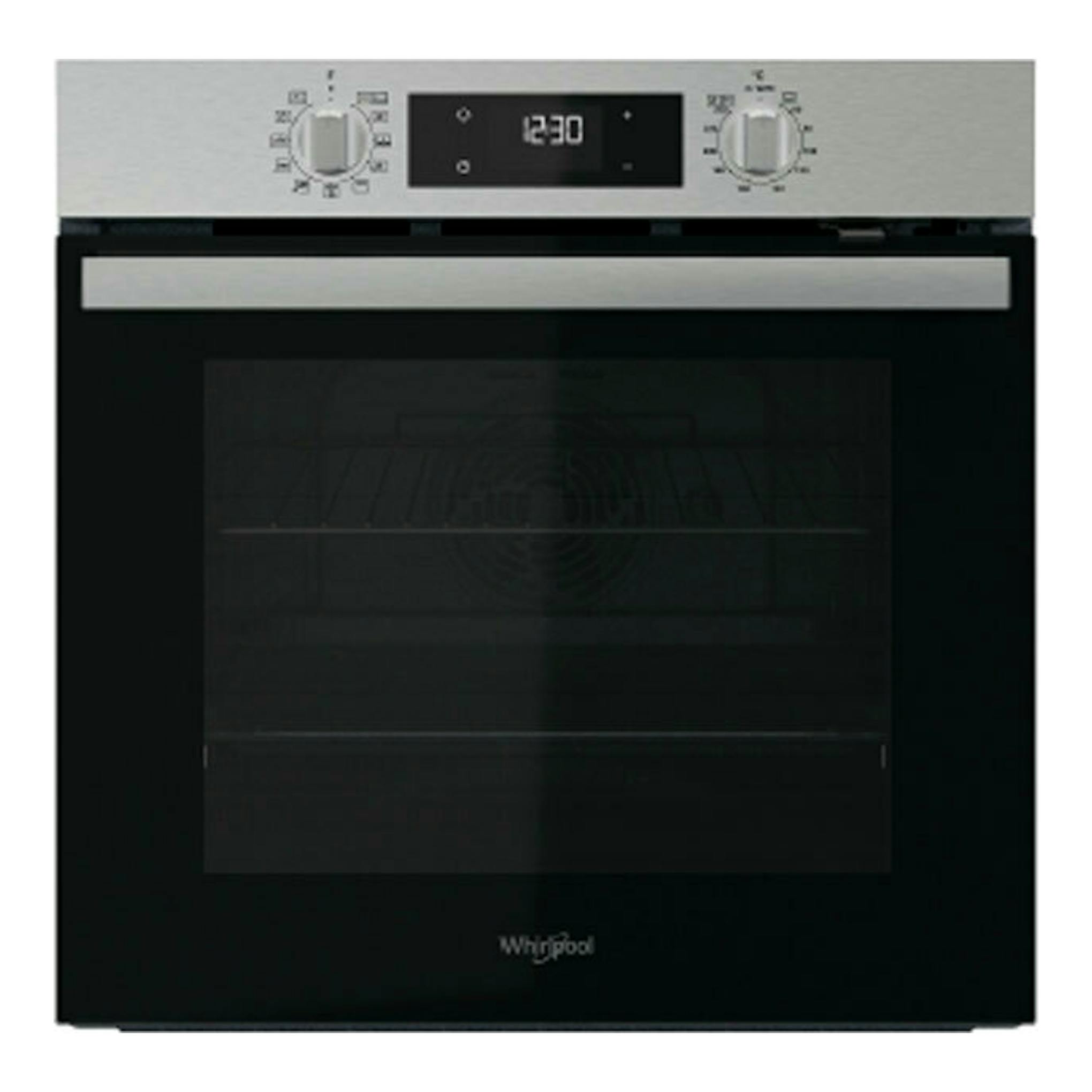 Horno Whirlpool OMR58RR1X inox, vista frontal, puerta negra con panel superior plateado y dos mandos.