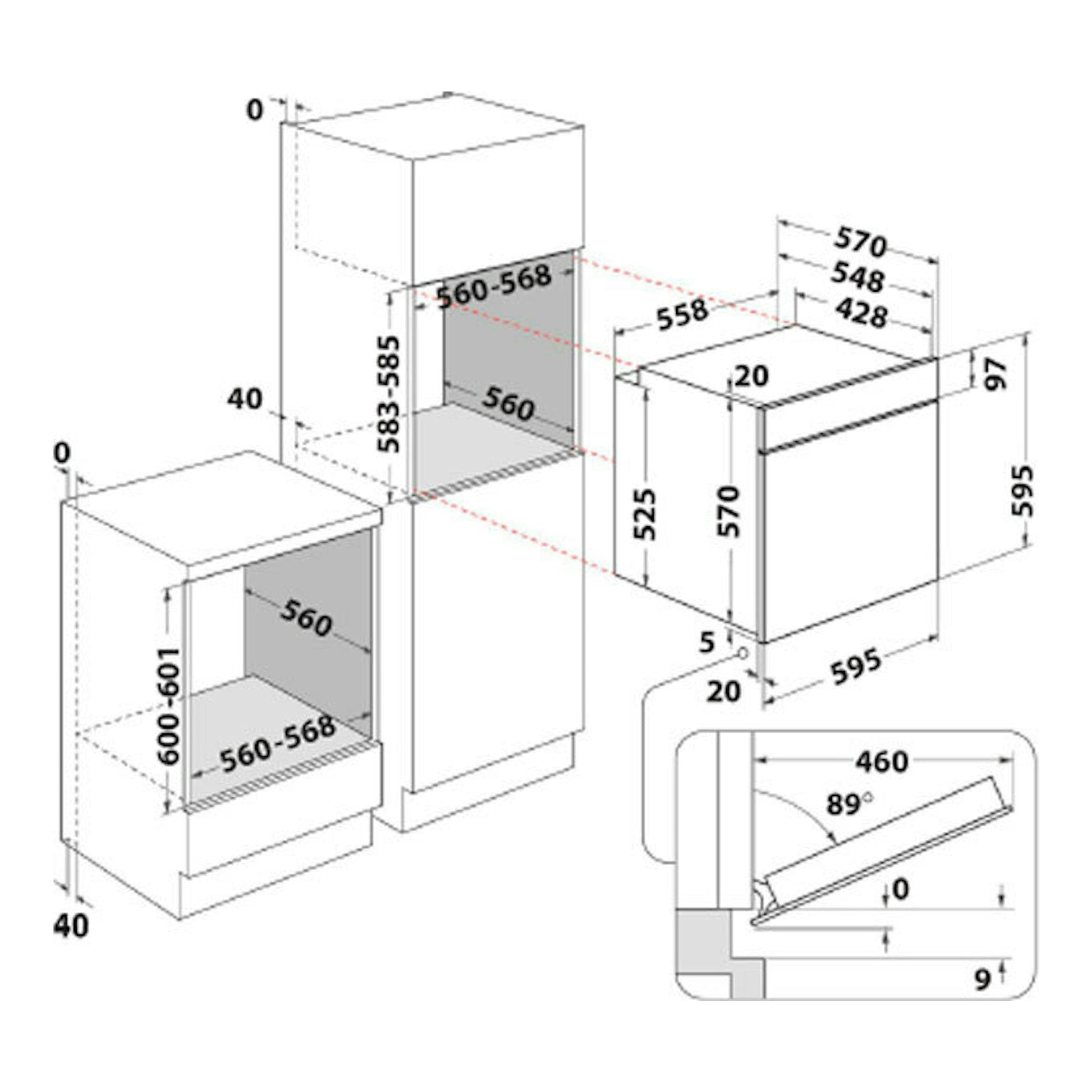 Diagrama técnico en blanco y negro del horno Whirlpool OMR58RR1X inox, con vista isométrica y medidas de instalación.