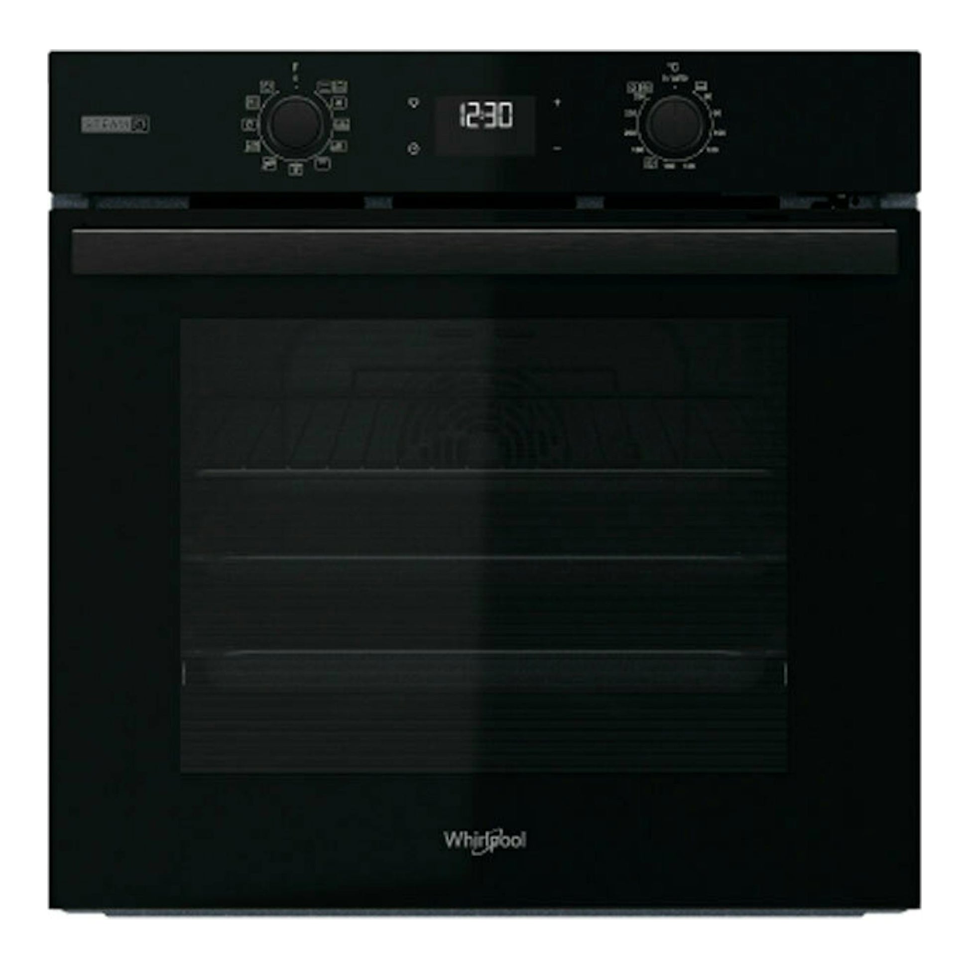 Horno empotrable Whirlpool OMSR58RU1SB negro, vista frontal, con panel digital y dos mandos.