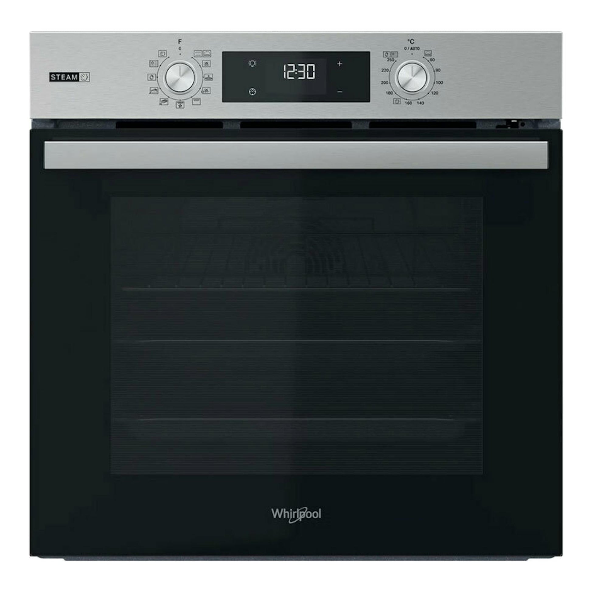Horno Whirlpool OMSR58RU1SX empotrable, vista frontal, acero inoxidable y puerta de vidrio negro con display digital.