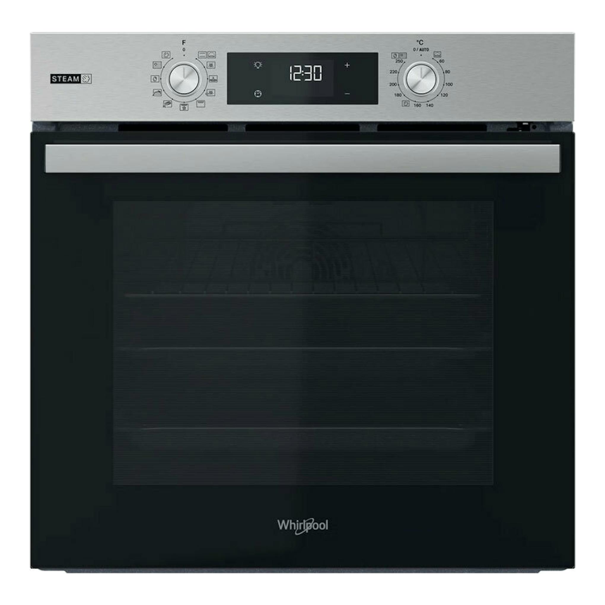 Horno Whirlpool OMSR58RU1SX empotrable, vista frontal, acero inoxidable y puerta de vidrio negro con display digital.