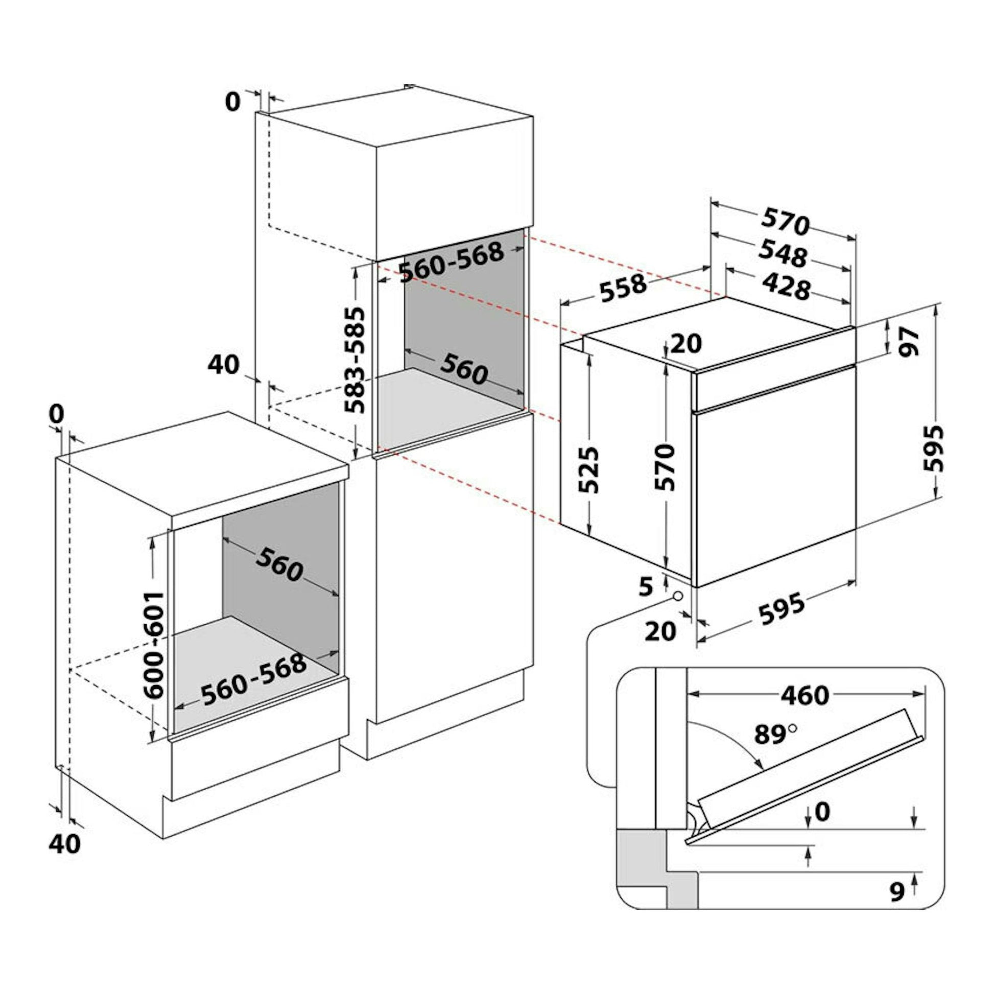 Diagrama técnico de instalación del horno Whirlpool OMSR58RU1SX 60 cm, con medidas y vistas frontal y lateral.