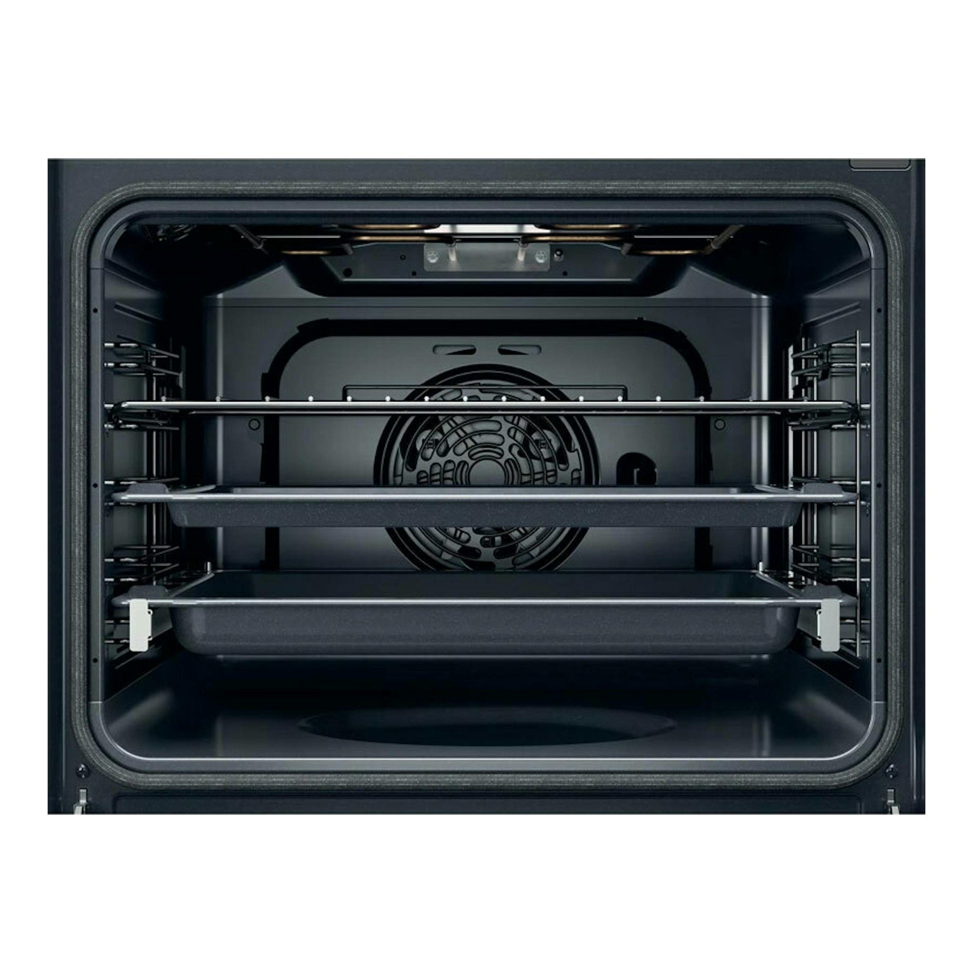 Interior de horno Whirlpool OMSR58RU1SX negro, vista frontal con rejillas y ventilador trasero.