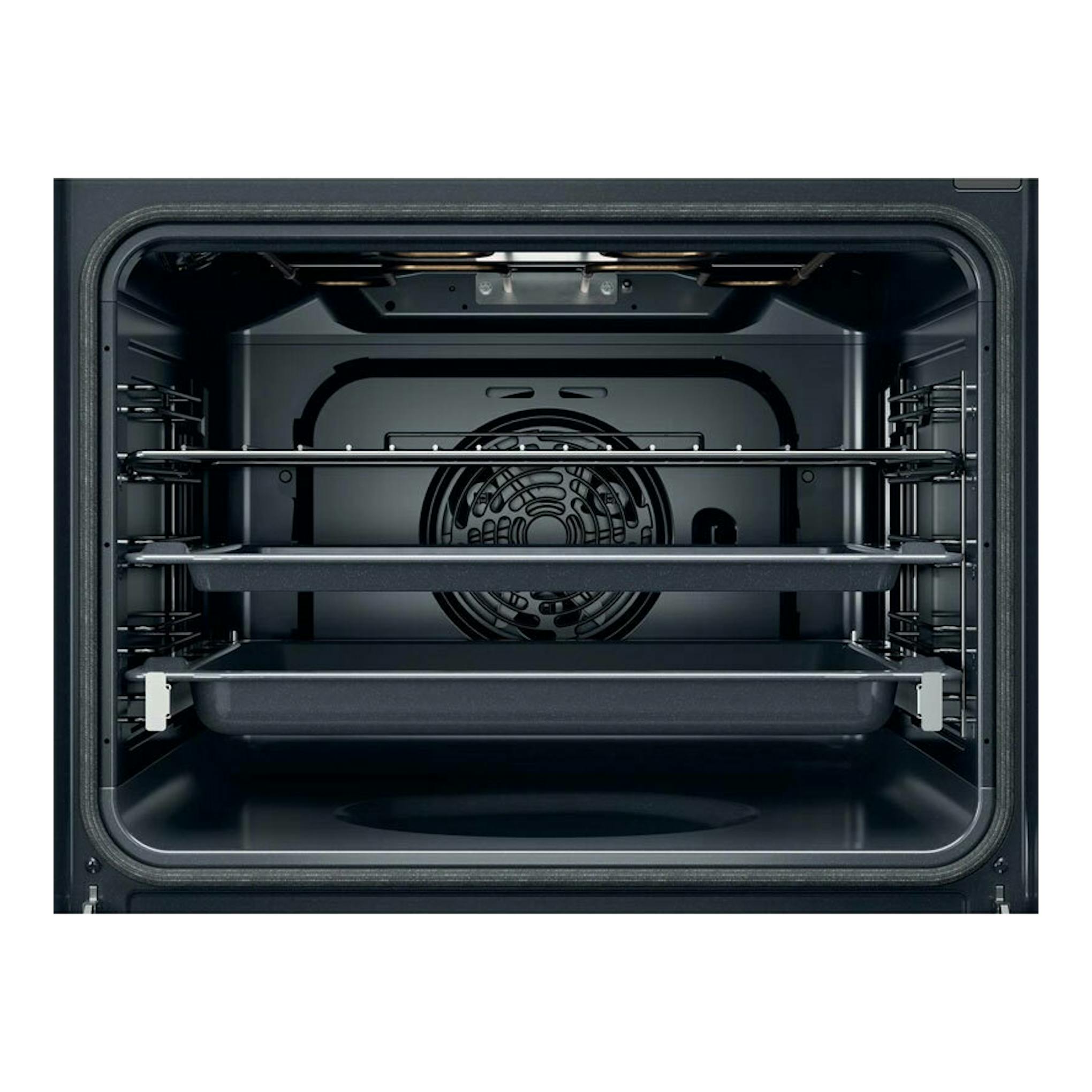 Interior de horno Whirlpool OMSR58RU1SX negro, vista frontal con rejillas y ventilador trasero.