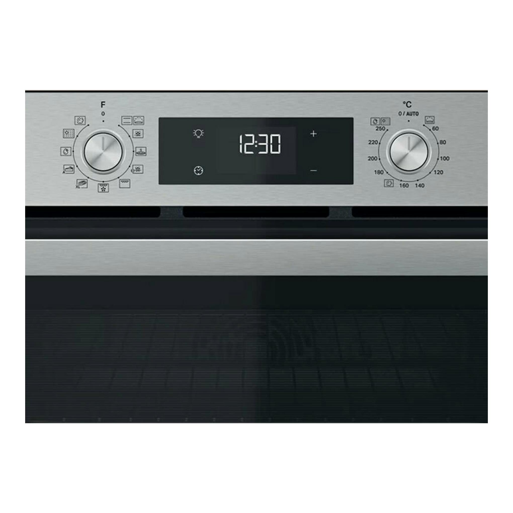 Horno empotrable Whirlpool OMSR58RU1SX de acero inoxidable, vista frontal, con dos mandos y display digital.