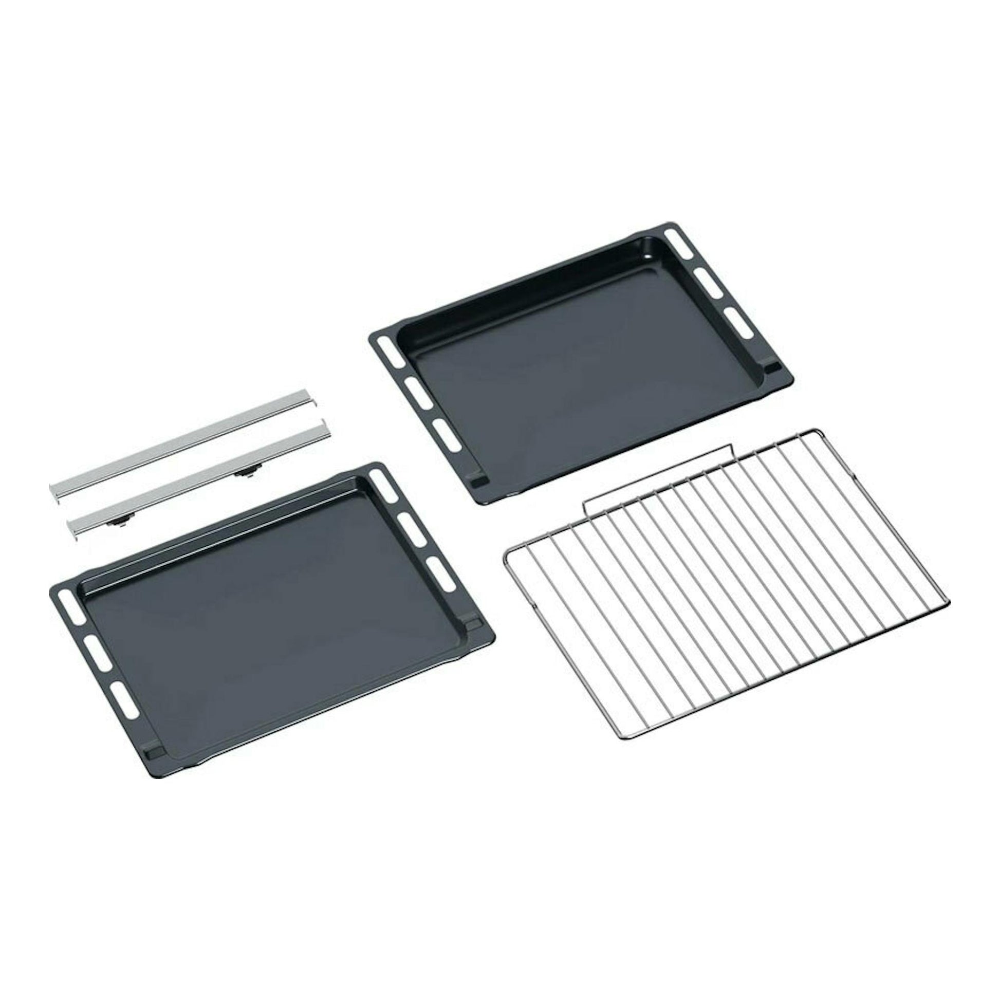 Whirlpool OMSR58RU1SX: dos bandejas negras, una rejilla metálica y dos guías para horno sobre fondo blanco.