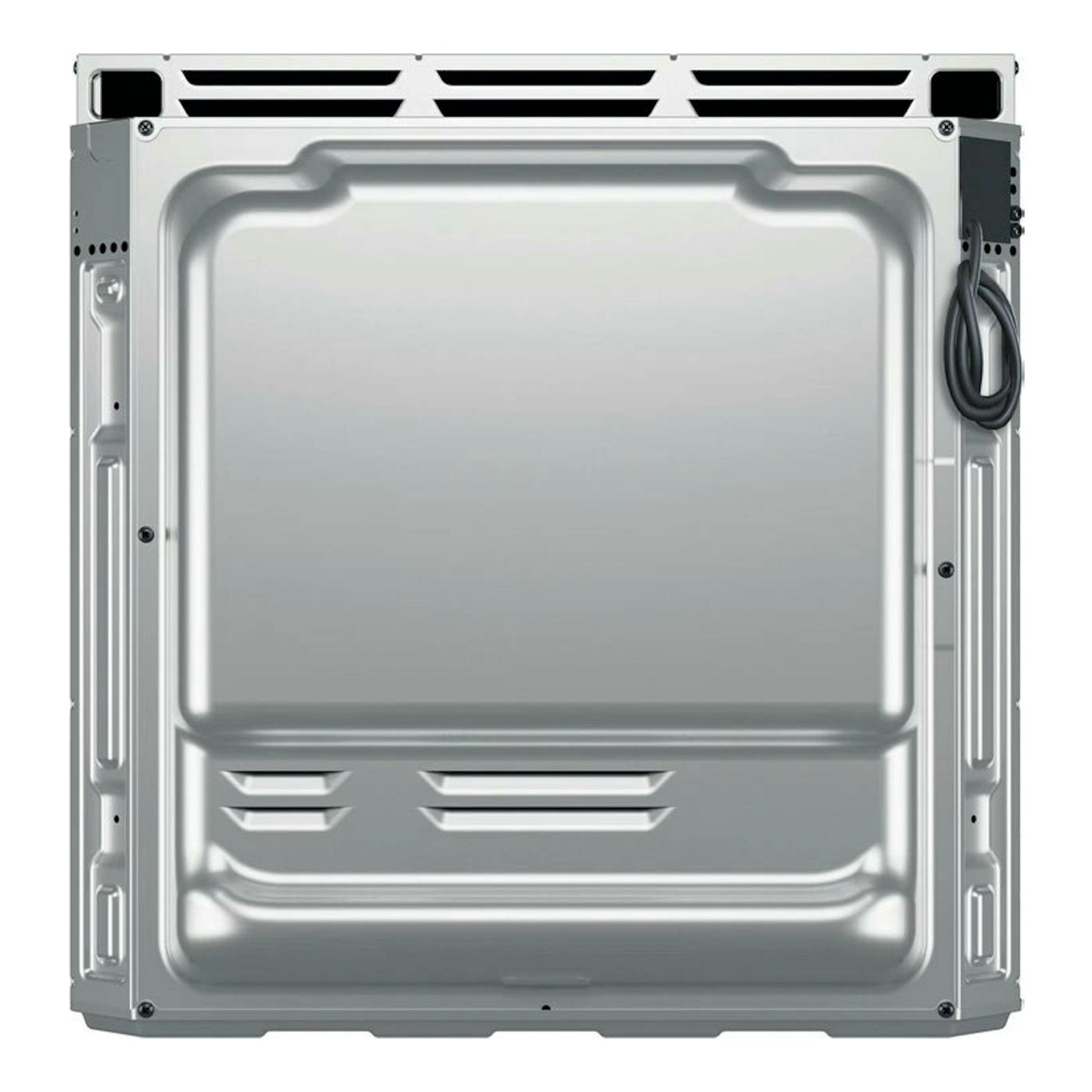 Horno Whirlpool OMSR58RU1SX de 60 cm, vista trasera en acero inoxidable con cable de alimentación.