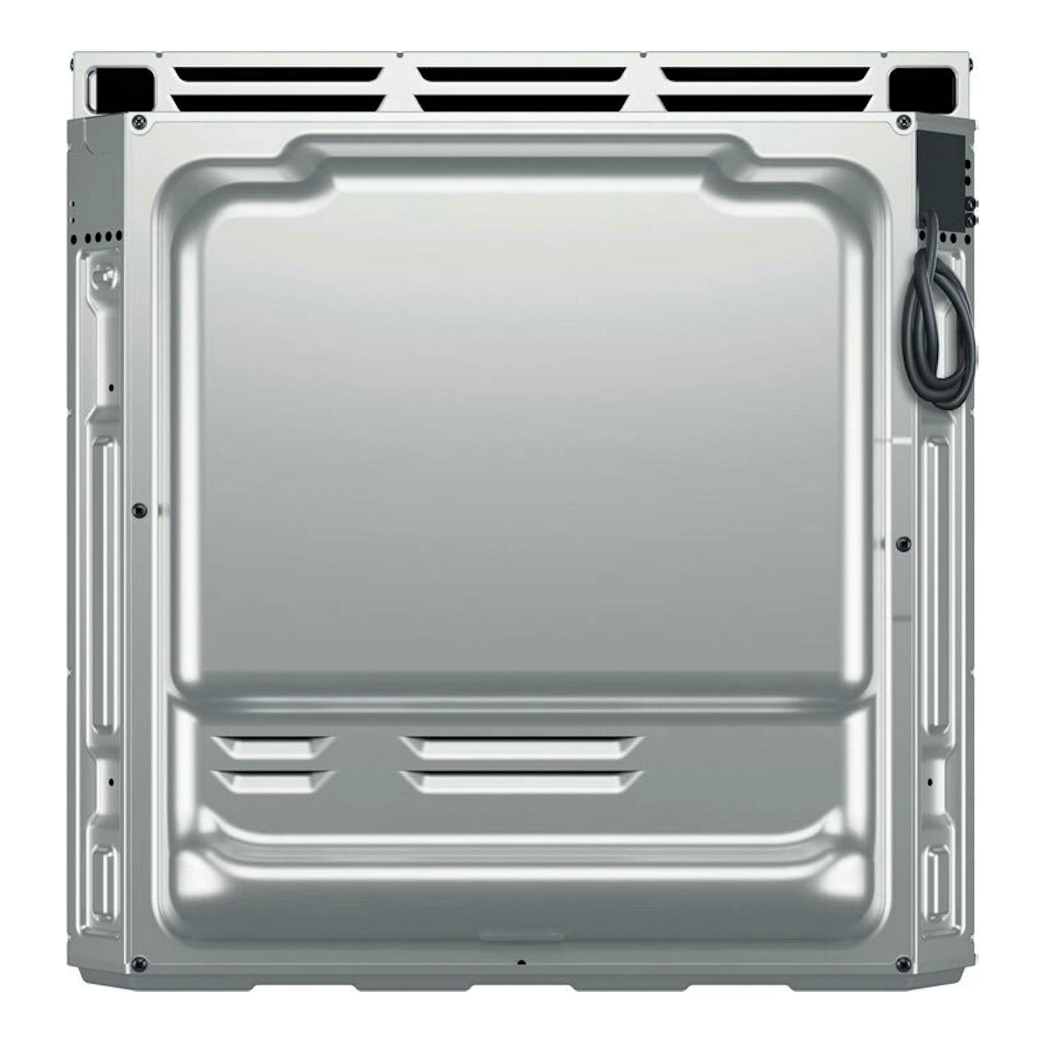 Horno Whirlpool OMSR58RU1SX de 60 cm, vista trasera en acero inoxidable con cable de alimentación.