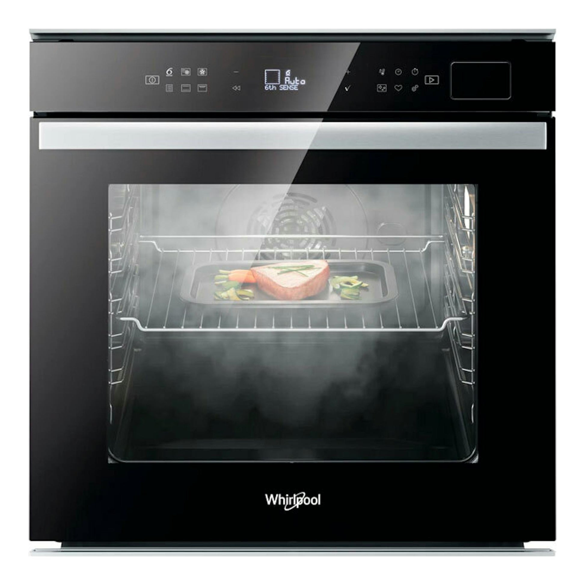 Horno empotrable Whirlpool W6 OS4 4S1 H BL de cristal negro, vista frontal, con panel táctil y bandeja interior.