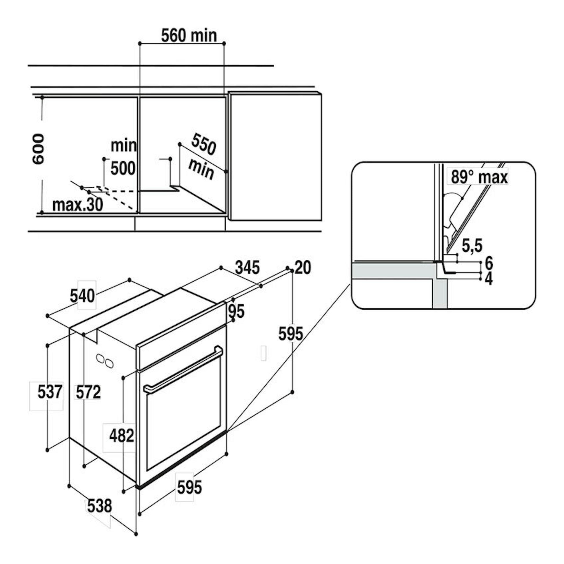 Esquema de instalación del horno Whirlpool W6 OS4 4S1 H BL, vista en perspectiva con medidas.