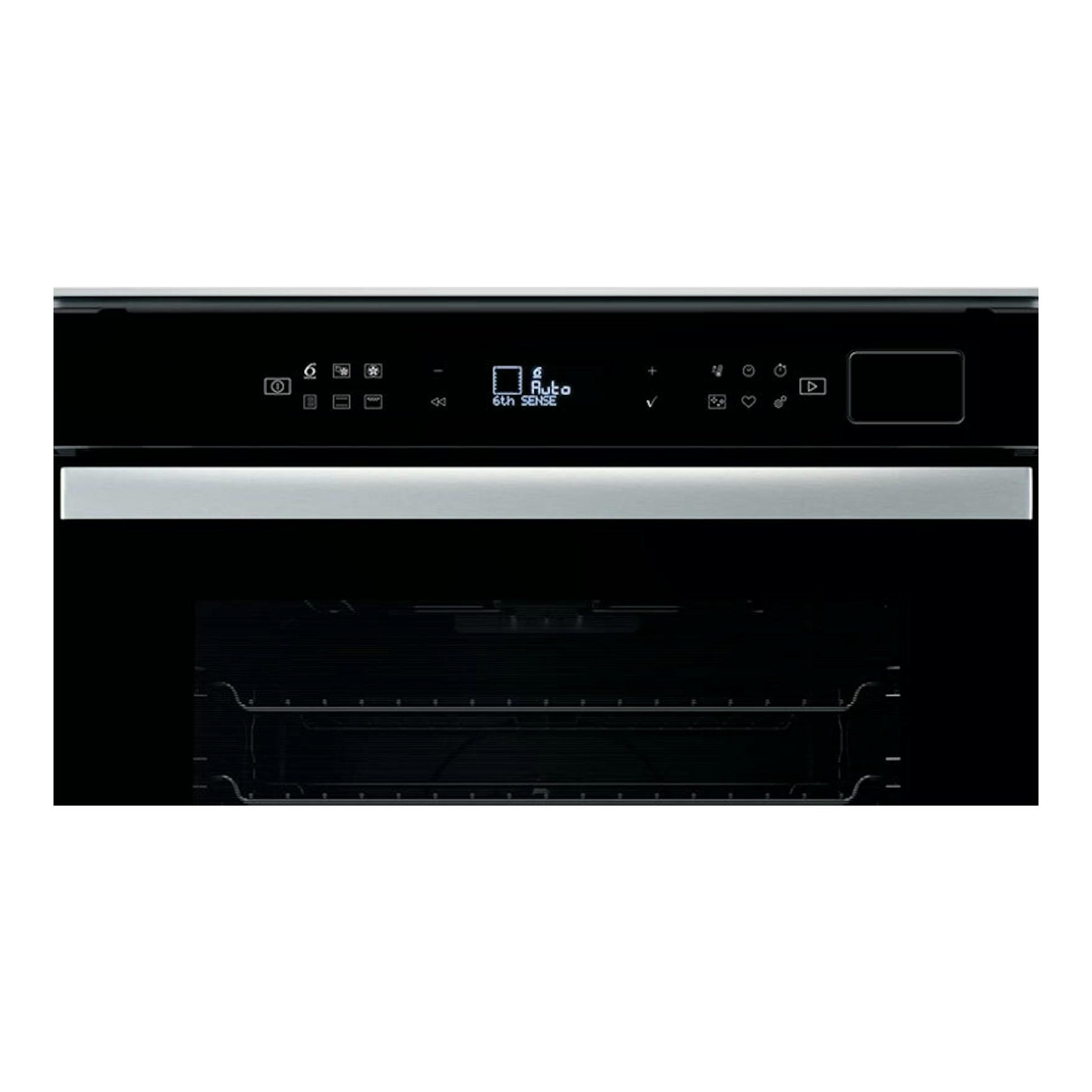Horno Whirlpool W6 OS4 4S1 H BL de cristal negro, vista frontal con panel digital y puerta de vidrio.