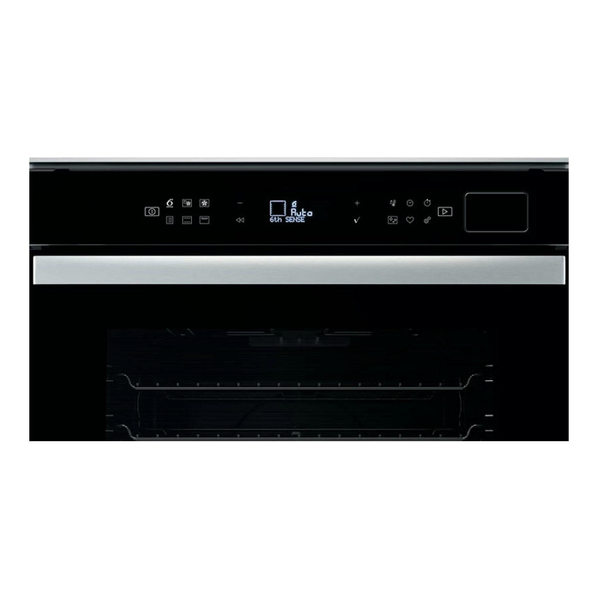 Horno Whirlpool W6 OS4 4S1 H BL de cristal negro, vista frontal con panel digital y puerta de vidrio.