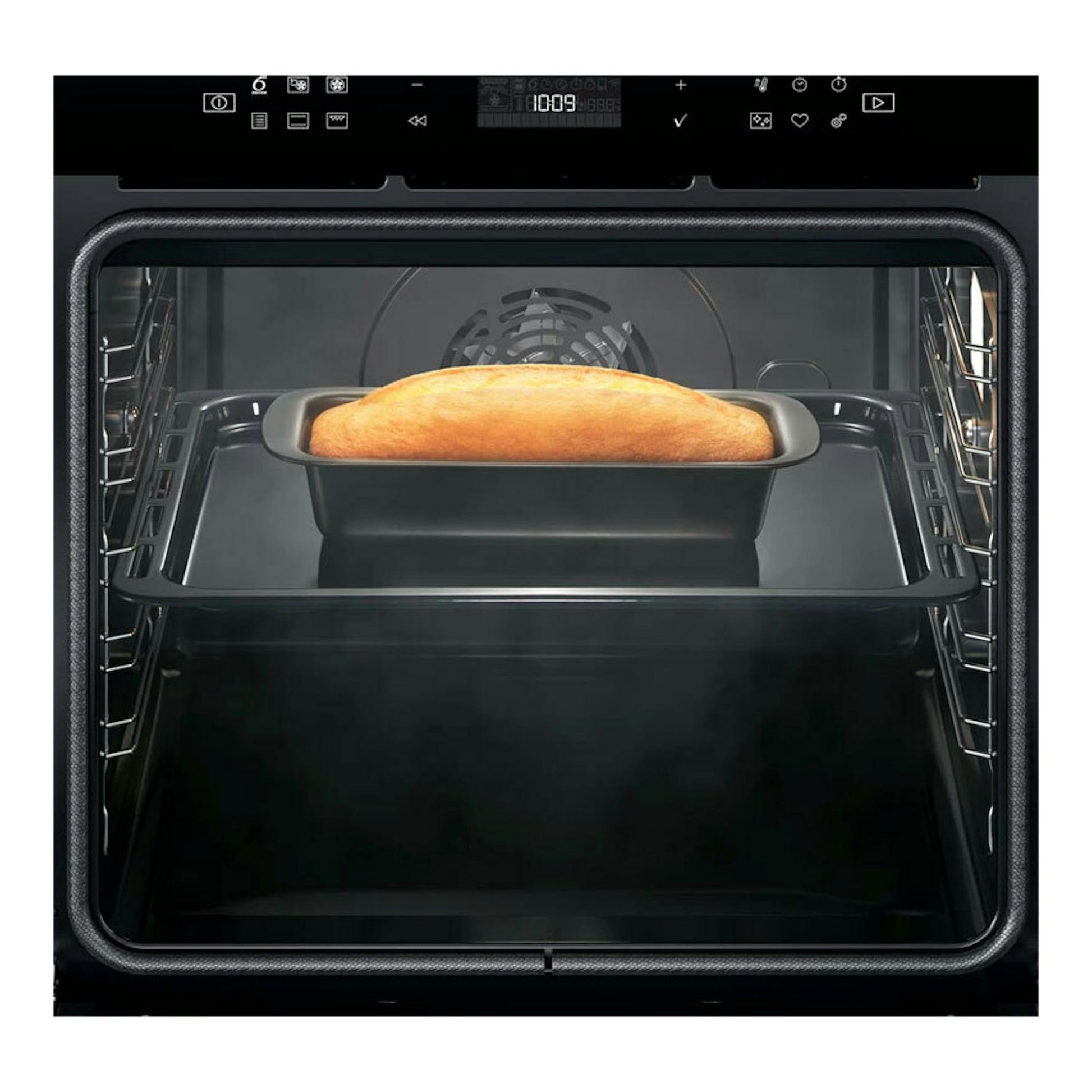 Horno Whirlpool W6 OS4 4S1 H BL de cristal negro, vista frontal del interior con pan en un molde.