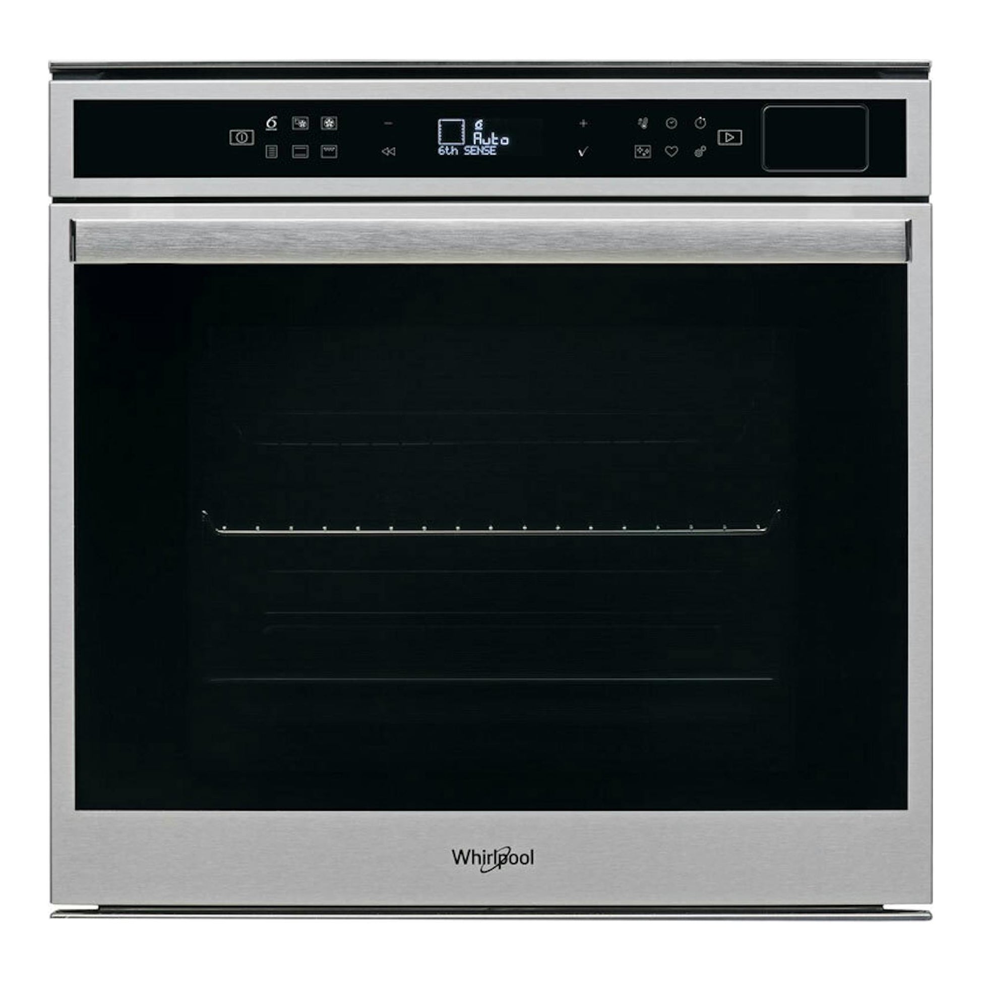 Horno Whirlpool W6 OS4 4S1 P negro, vista frontal, acero inoxidable y puerta negra con panel digital superior.