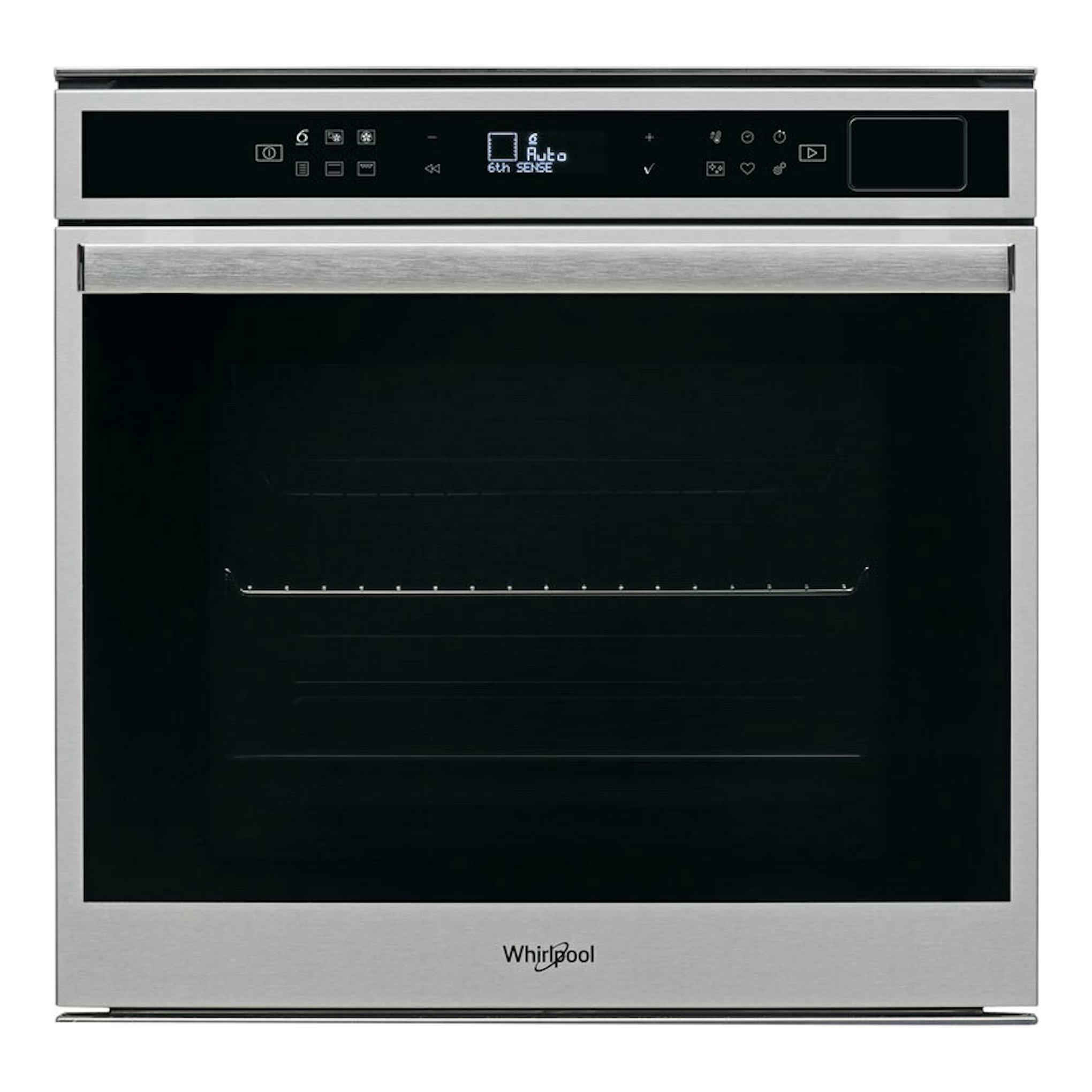 Horno Whirlpool W6 OS4 4S1 P negro, vista frontal, acero inoxidable y puerta negra con panel digital superior.