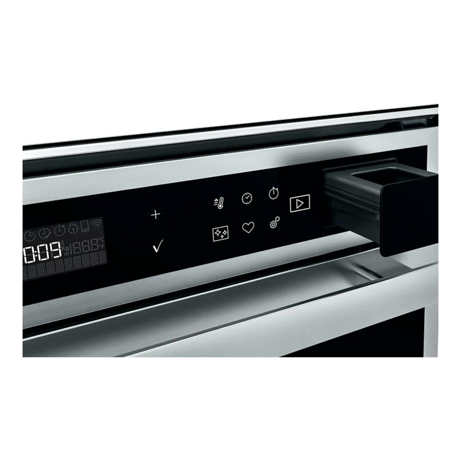 Horno Whirlpool W6 OS4 4S1 P negro, vista frontal parcial del panel táctil y tirador en acero inoxidable.