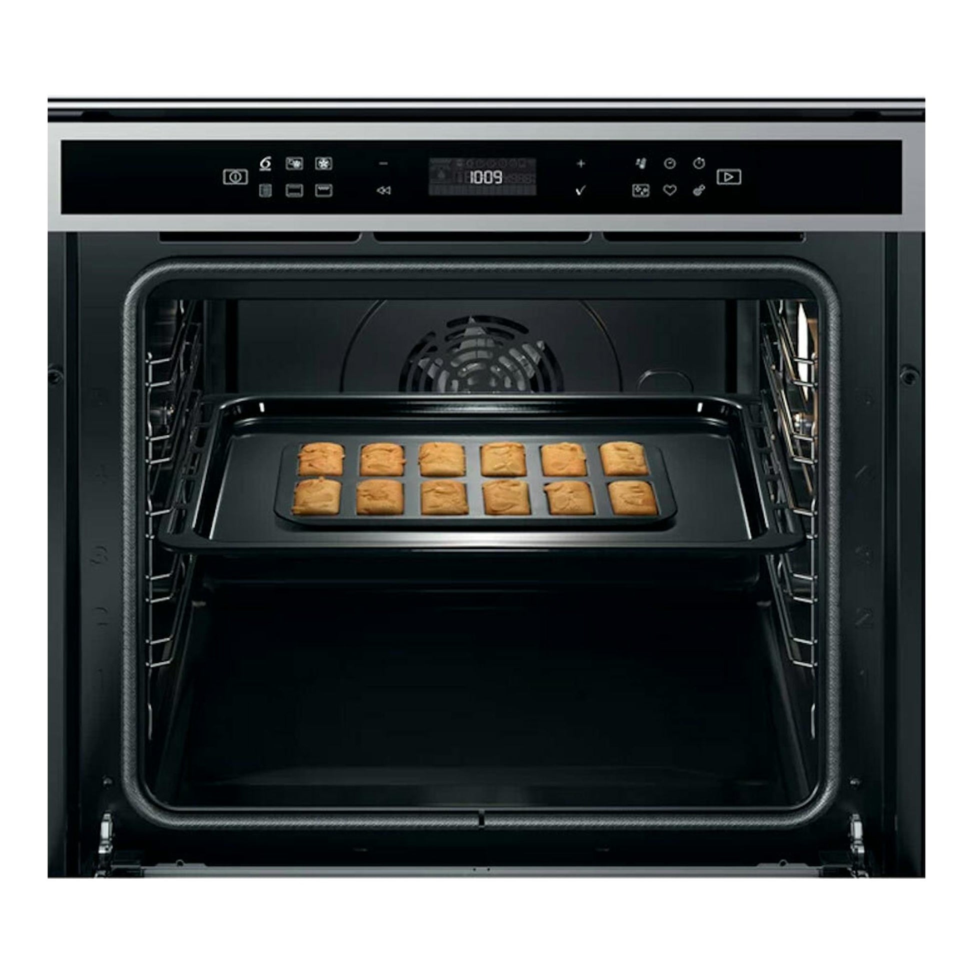 Horno Whirlpool W6 OS4 4S1 P negro, vista frontal interior con bandeja de galletas.