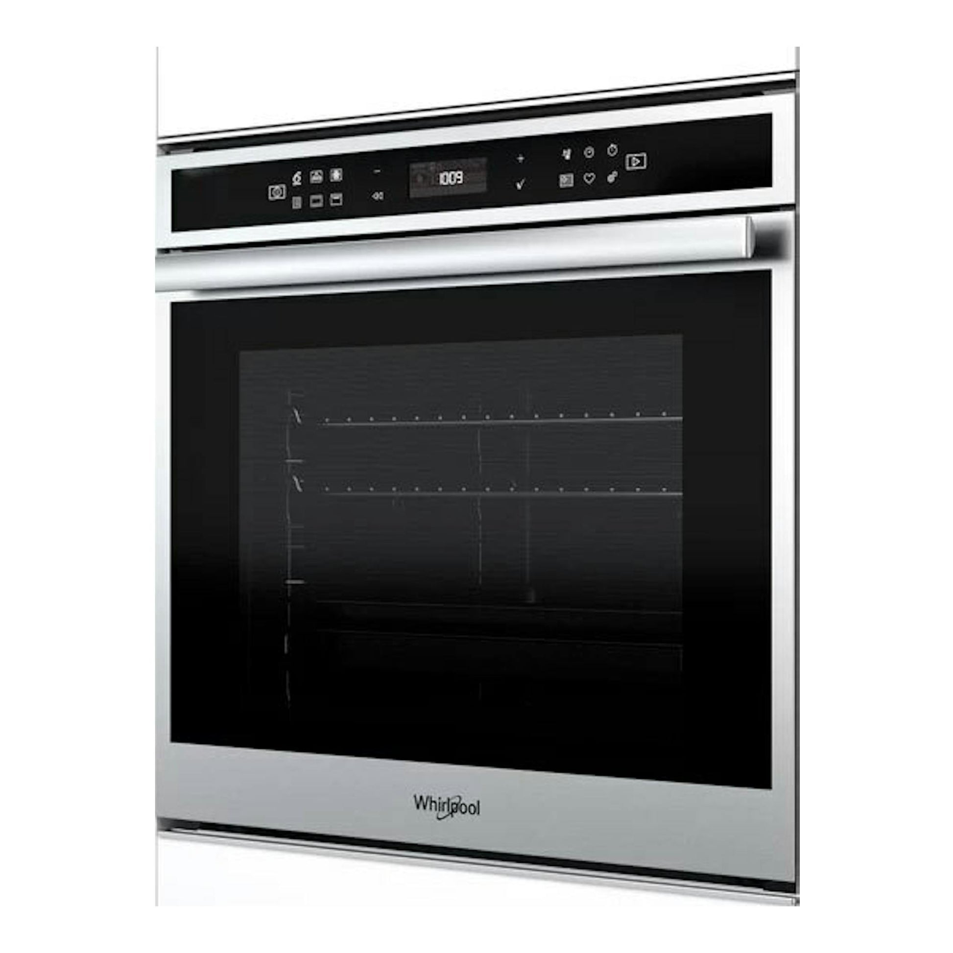 Horno Whirlpool W6 OS4 4S1 P negro, vista frontal, con puerta de cristal y panel de control superior.